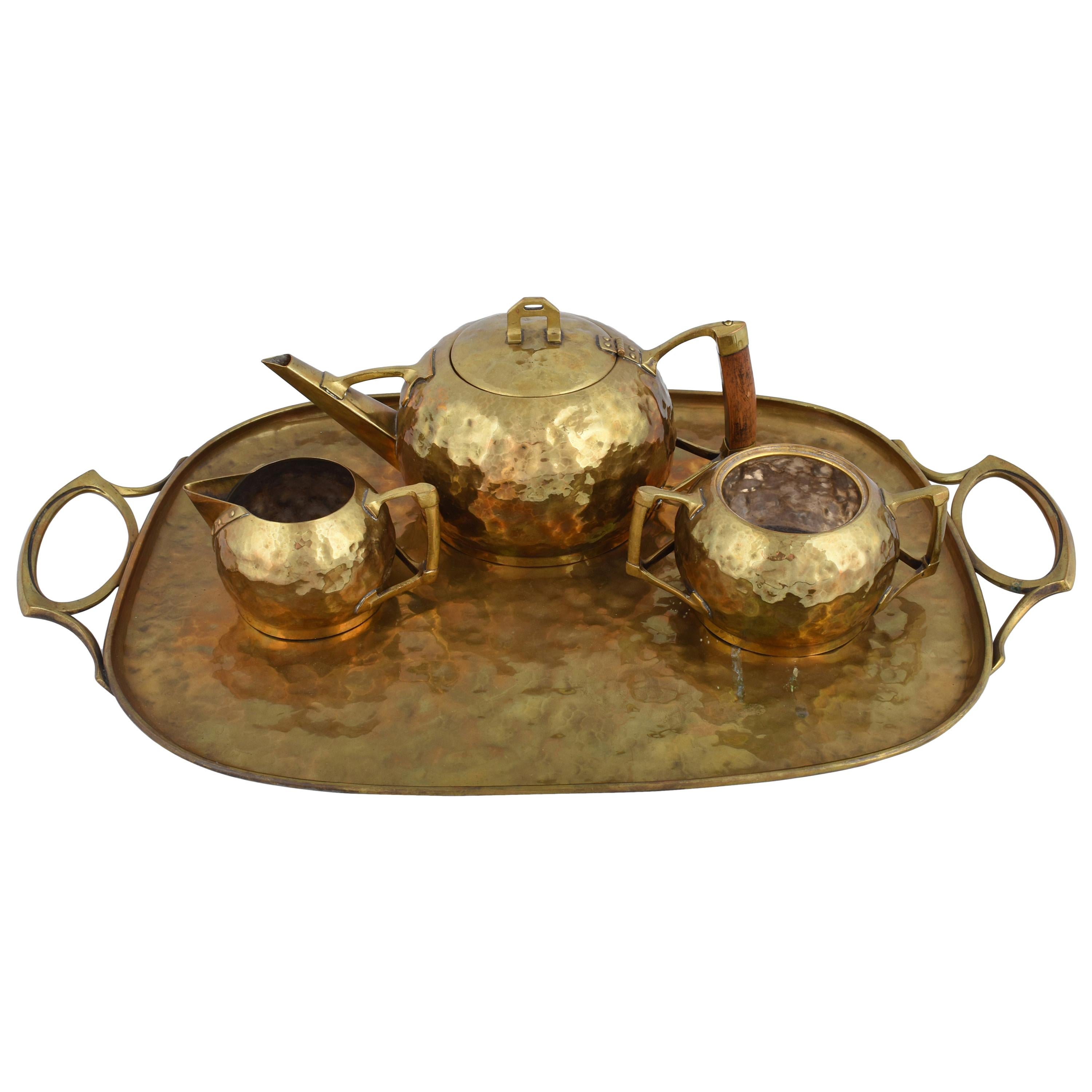 Jugenstil Brass Centrepiece / Teaset with Tray by Carl Deffner, Germany, 1910s