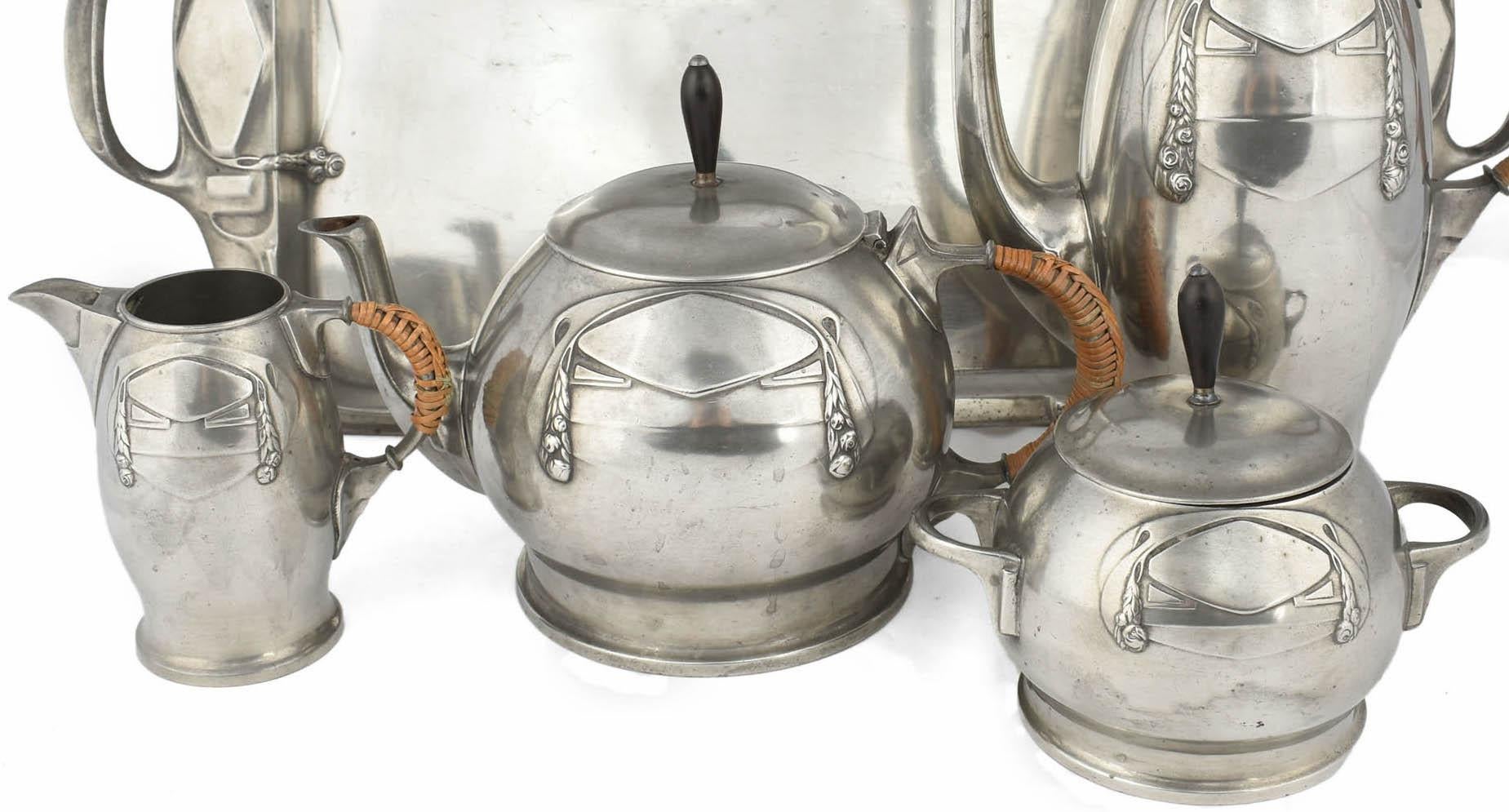 Art Nouveau Jugenstil Silver Plate Centerpiece on Tray / Teaset by Karl Berghof, 1905 For Sale