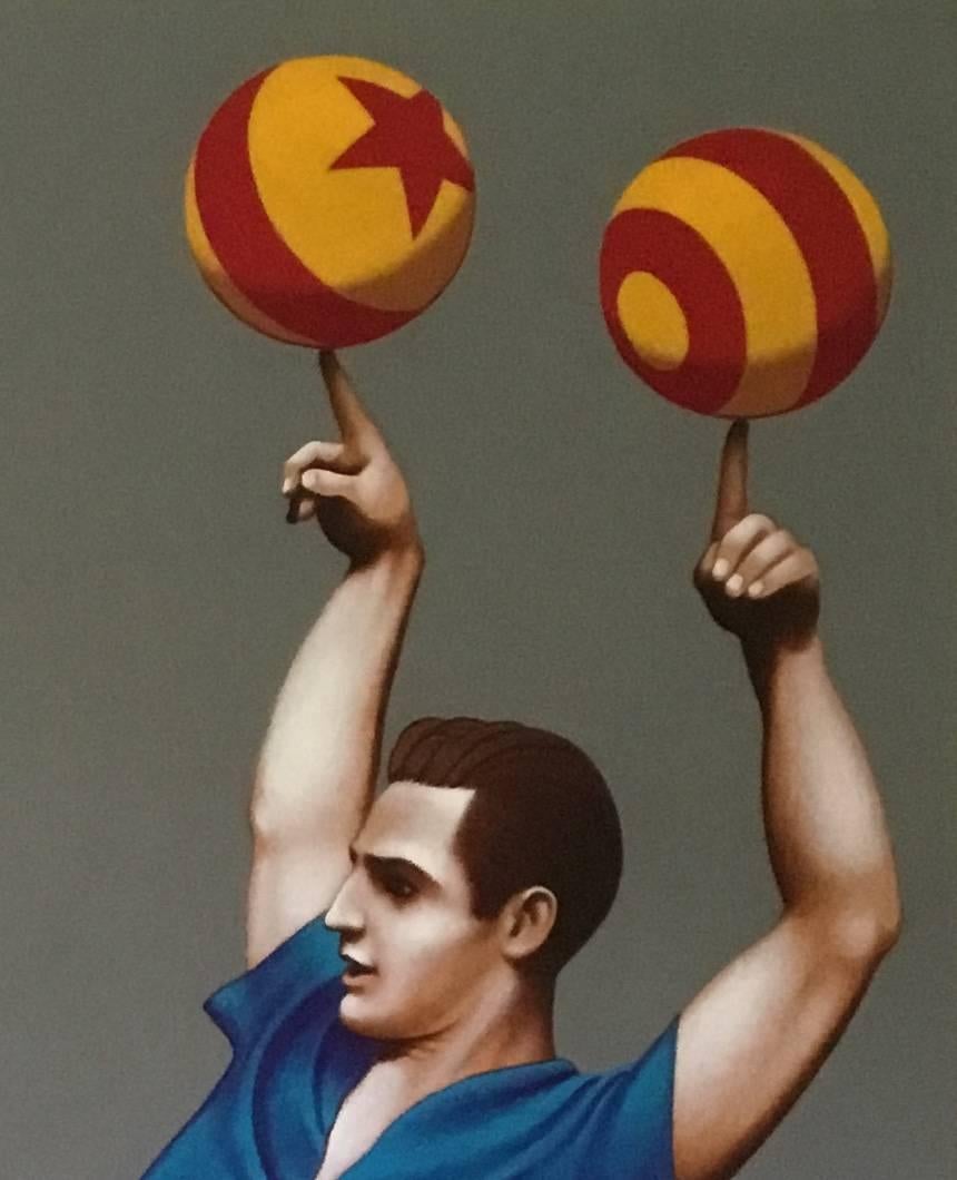 JUGGLER. Original painting by Lynn Curlee, professional artist, and author/illustrator of award winning picture books for children.
The painting is acrylic on stretched canvas. The canvas is stretched around the edges, so that framing is
