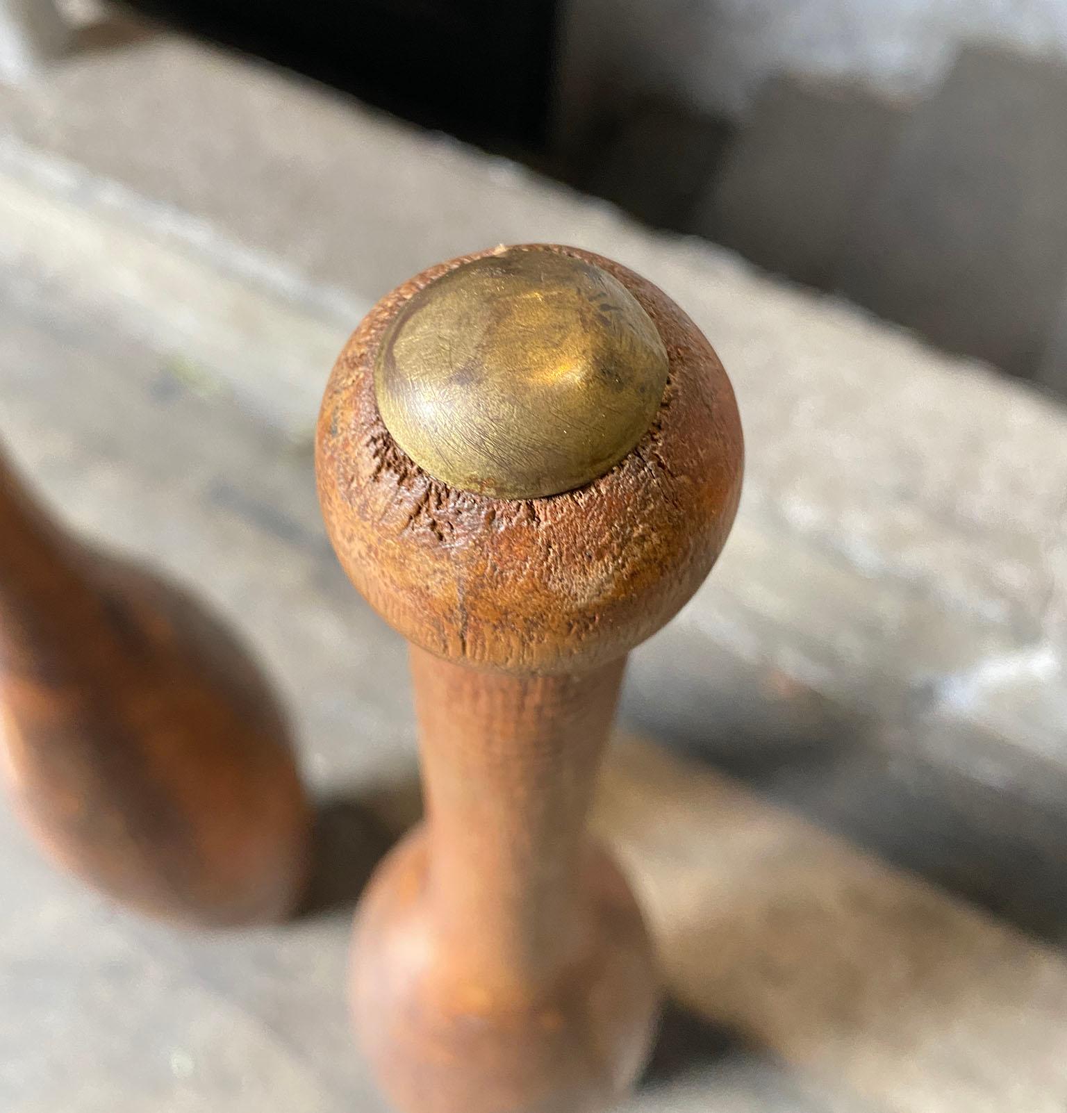 Juggling Pin Pair of Hand Turned Wooden with Brass Cap In Distressed Condition In BROOKLYN, NY