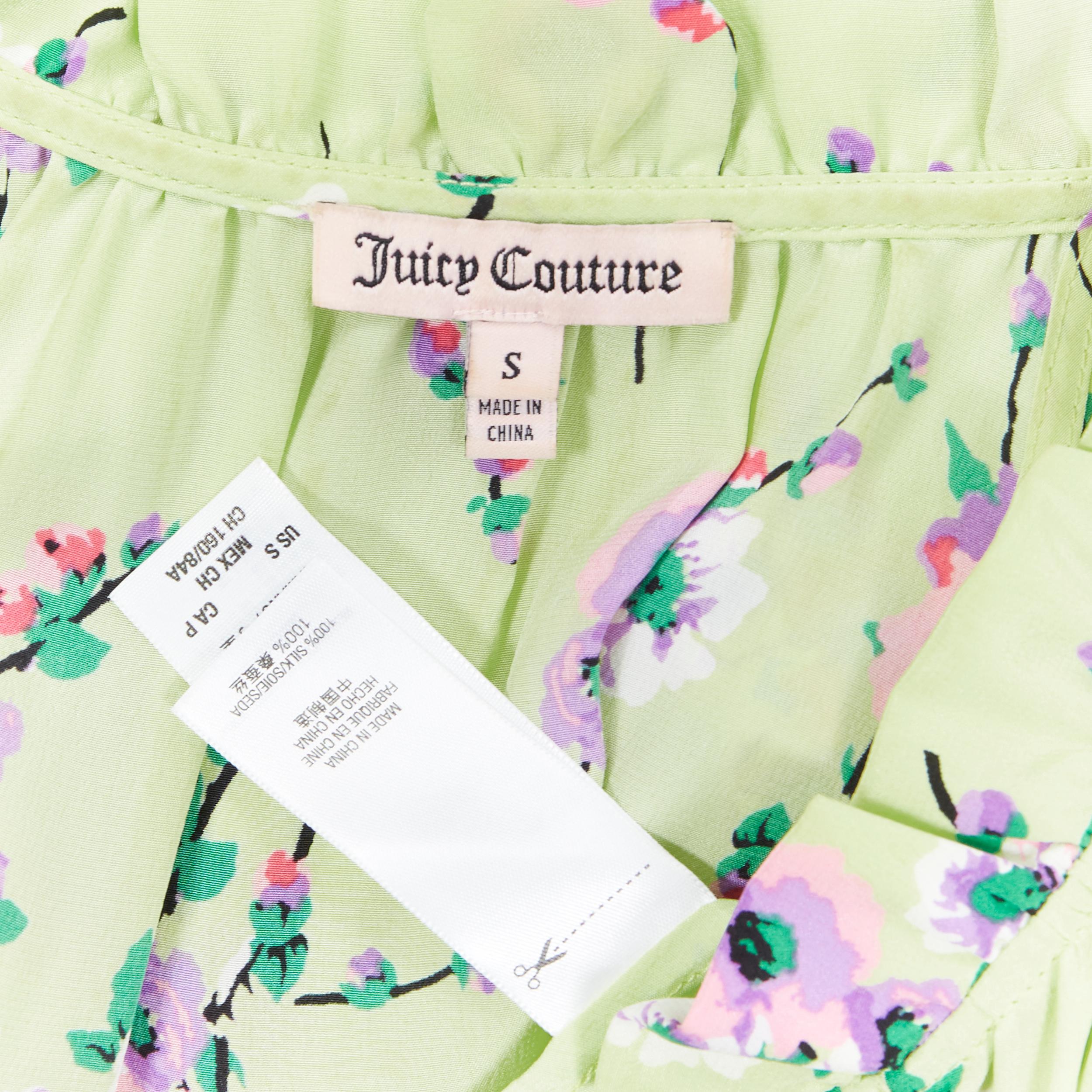 JUICY COUTURE 100% light green floral ruffle collar drawstring vest top S 1
