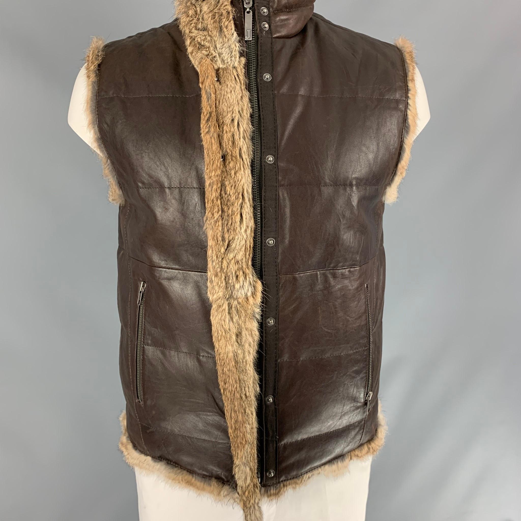 JUICY COUTURE Size L Brown Reversible Leather Zip Up & Snaps Vest In Excellent Condition In San Francisco, CA