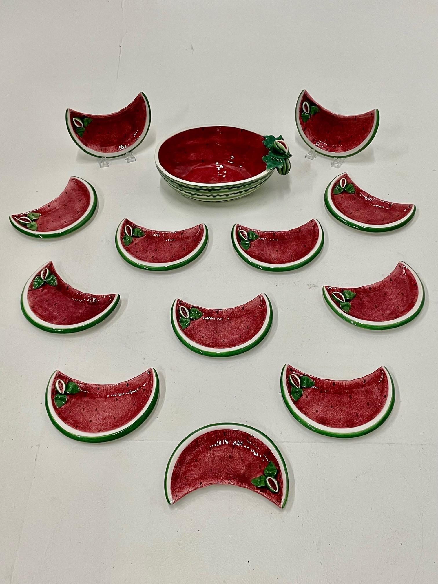 Juicy Set of 12 Watermelon Motife Italian Pottery Dishes and Serving Bowl For Sale 3
