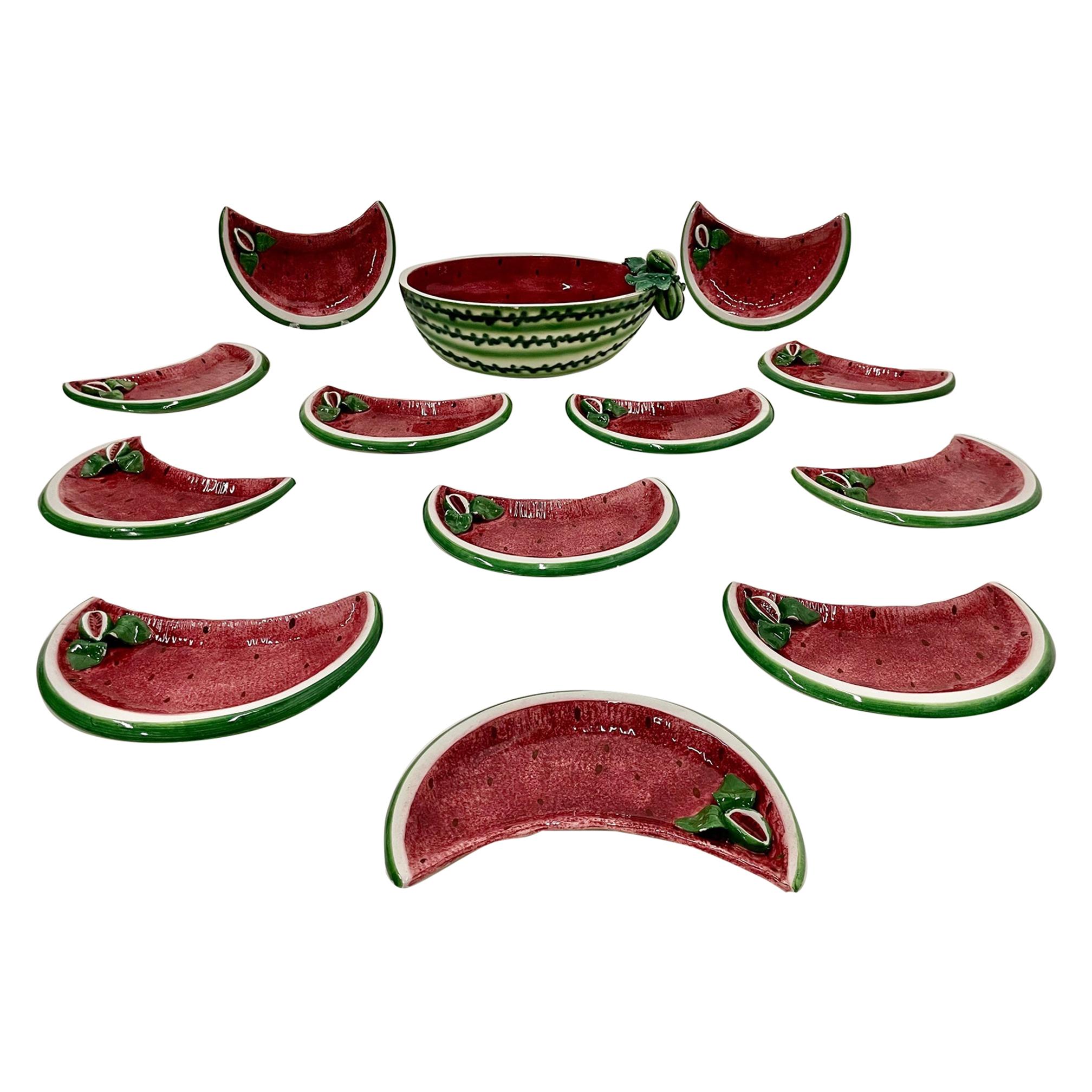Juicy Set of 12 Watermelon Motife Italian Pottery Dishes and Serving Bowl For Sale