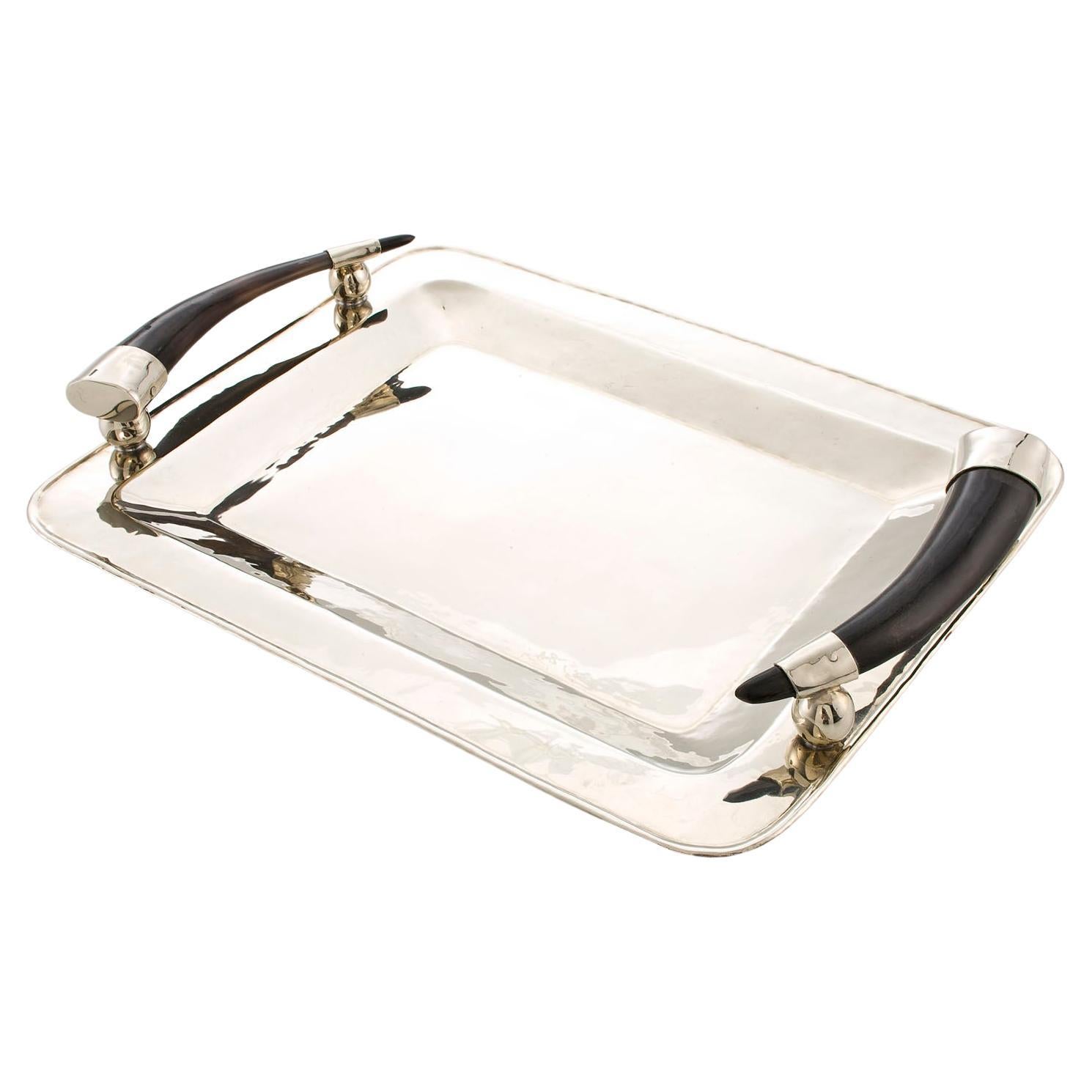 Jujuy Large Rectangular Alpaca Silver & Black Horn Tray For Sale