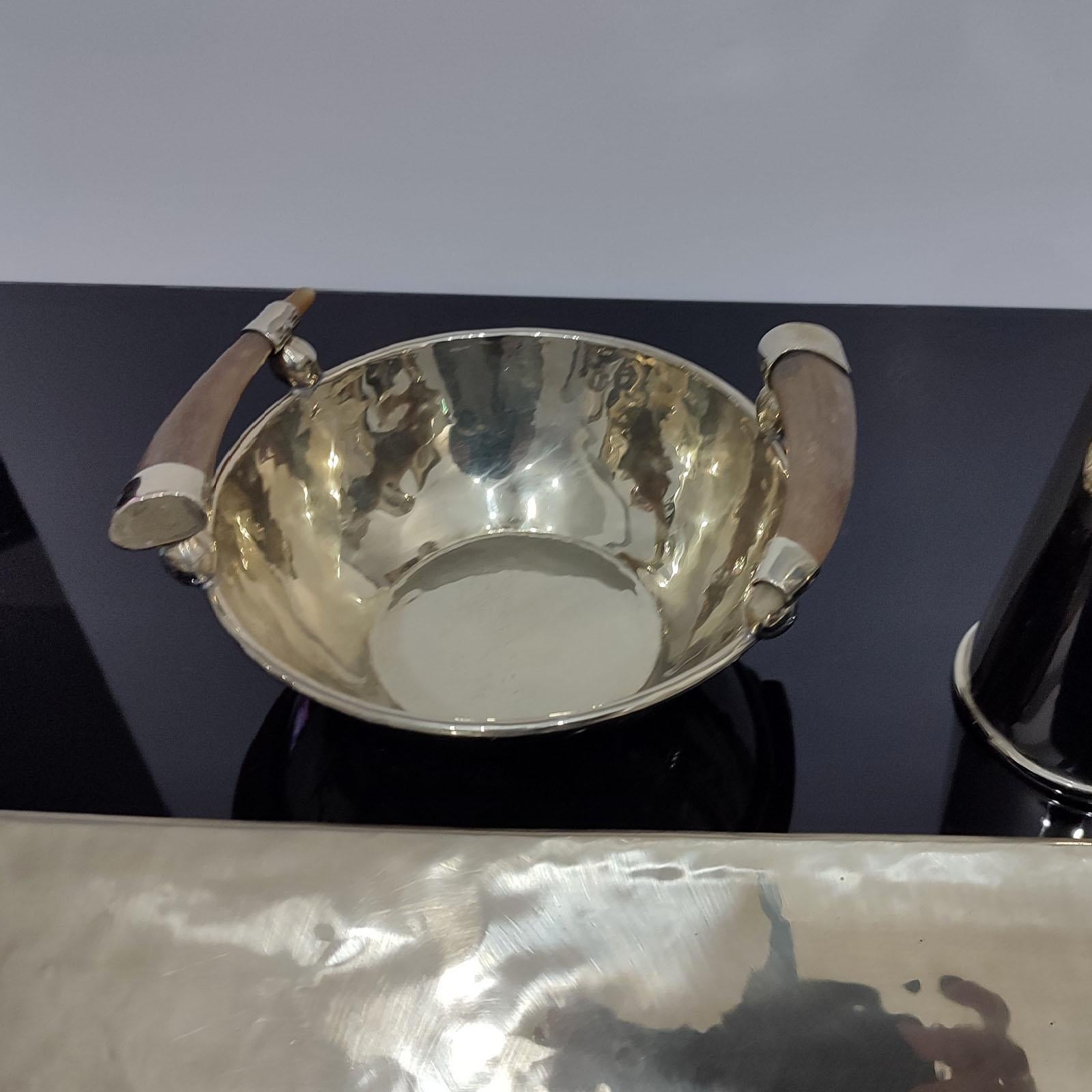 JuJuy Rectangular Tray, Bowl & Pitcher Alpaca Silver & Horn Handles, Set of 3 For Sale 9