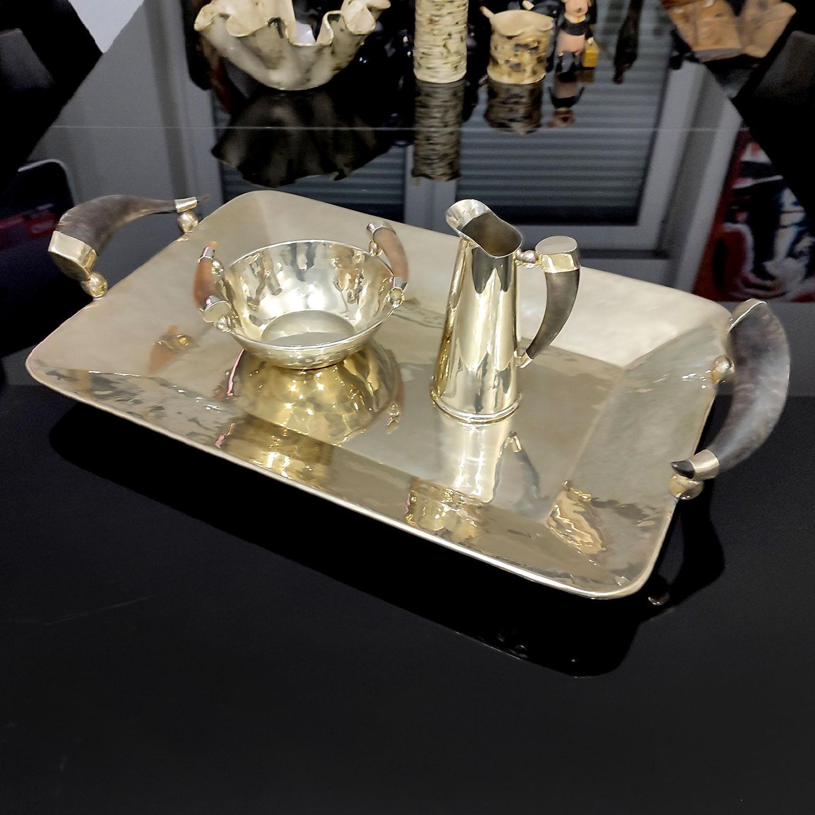 Argentine JuJuy Rectangular Tray, Bowl & Pitcher Alpaca Silver & Horn Handles, Set of 3 For Sale
