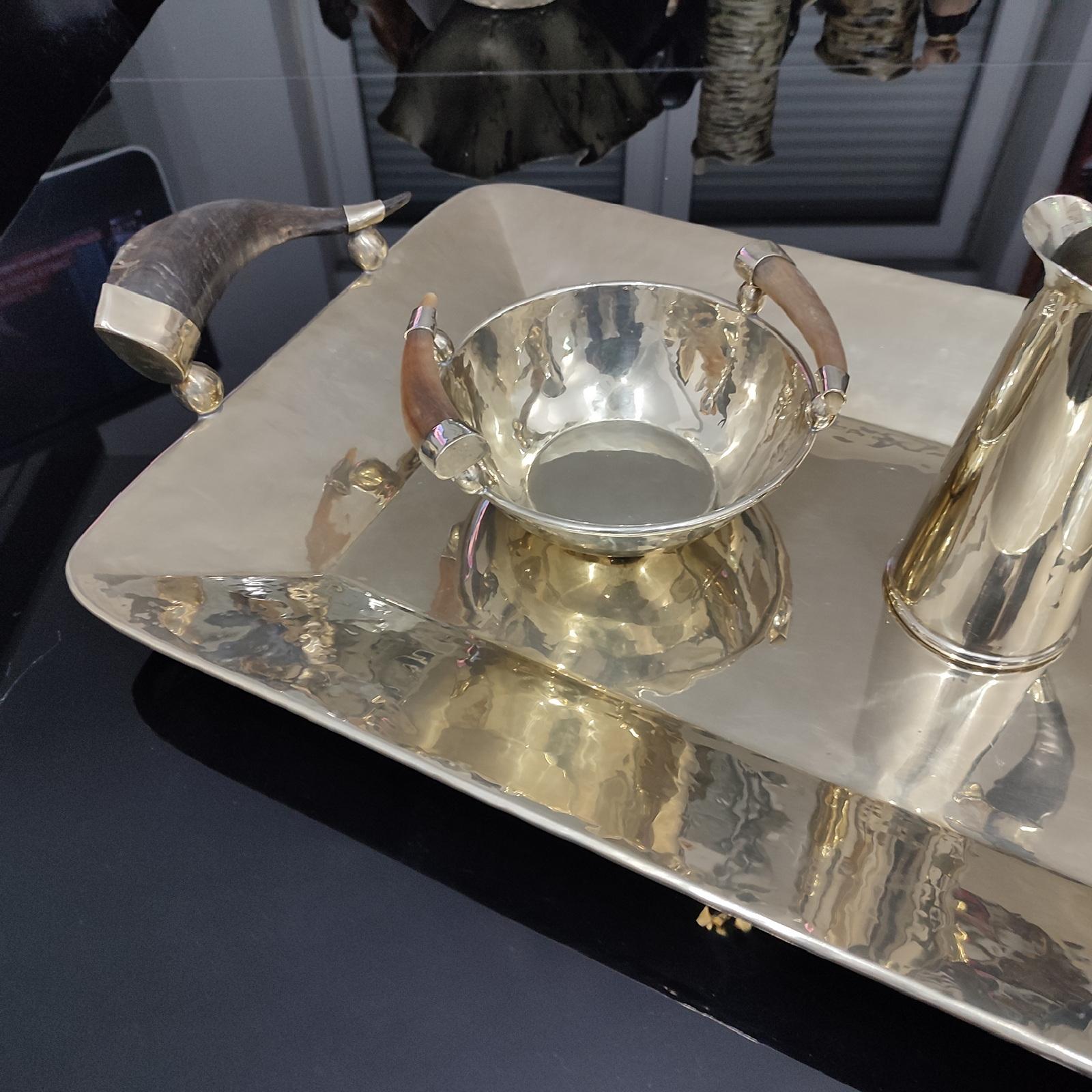 Silvered JuJuy Rectangular Tray, Bowl & Pitcher Alpaca Silver & Horn Handles, Set of 3 For Sale