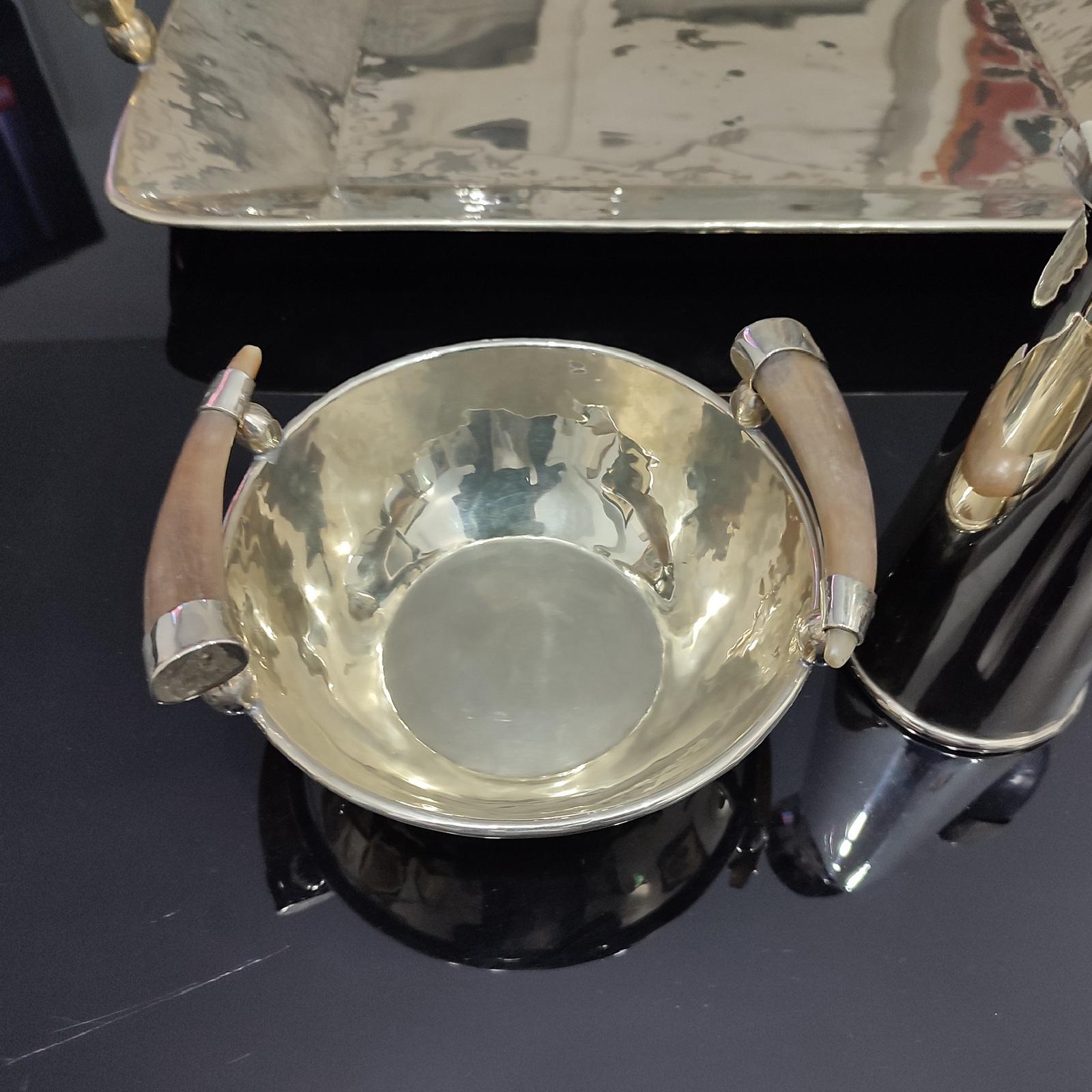 JuJuy Rectangular Tray, Bowl & Pitcher Alpaca Silver & Horn Handles, Set of 3 For Sale 1