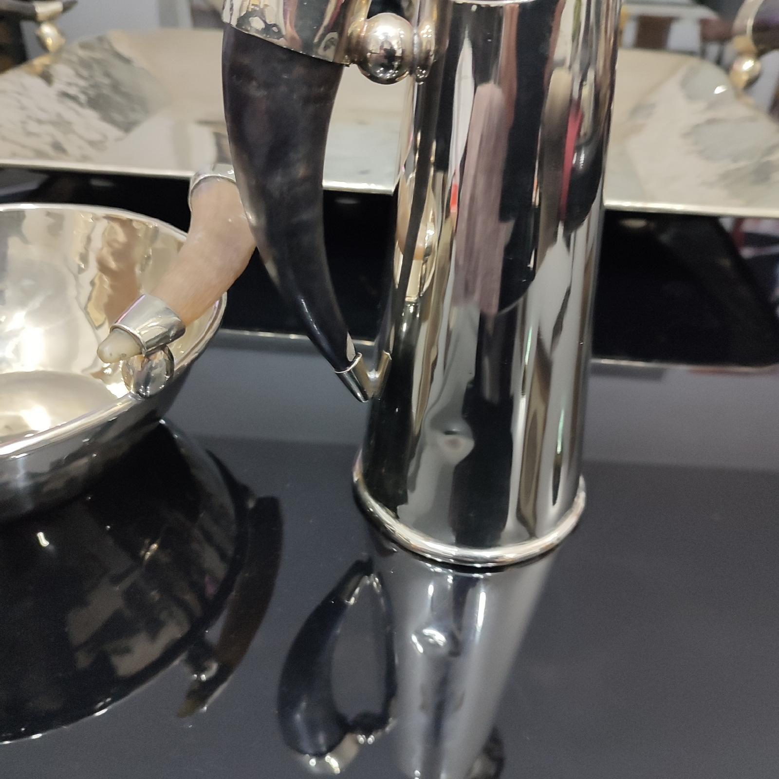 JuJuy Rectangular Tray, Bowl & Pitcher Alpaca Silver & Horn Handles, Set of 3 For Sale 3