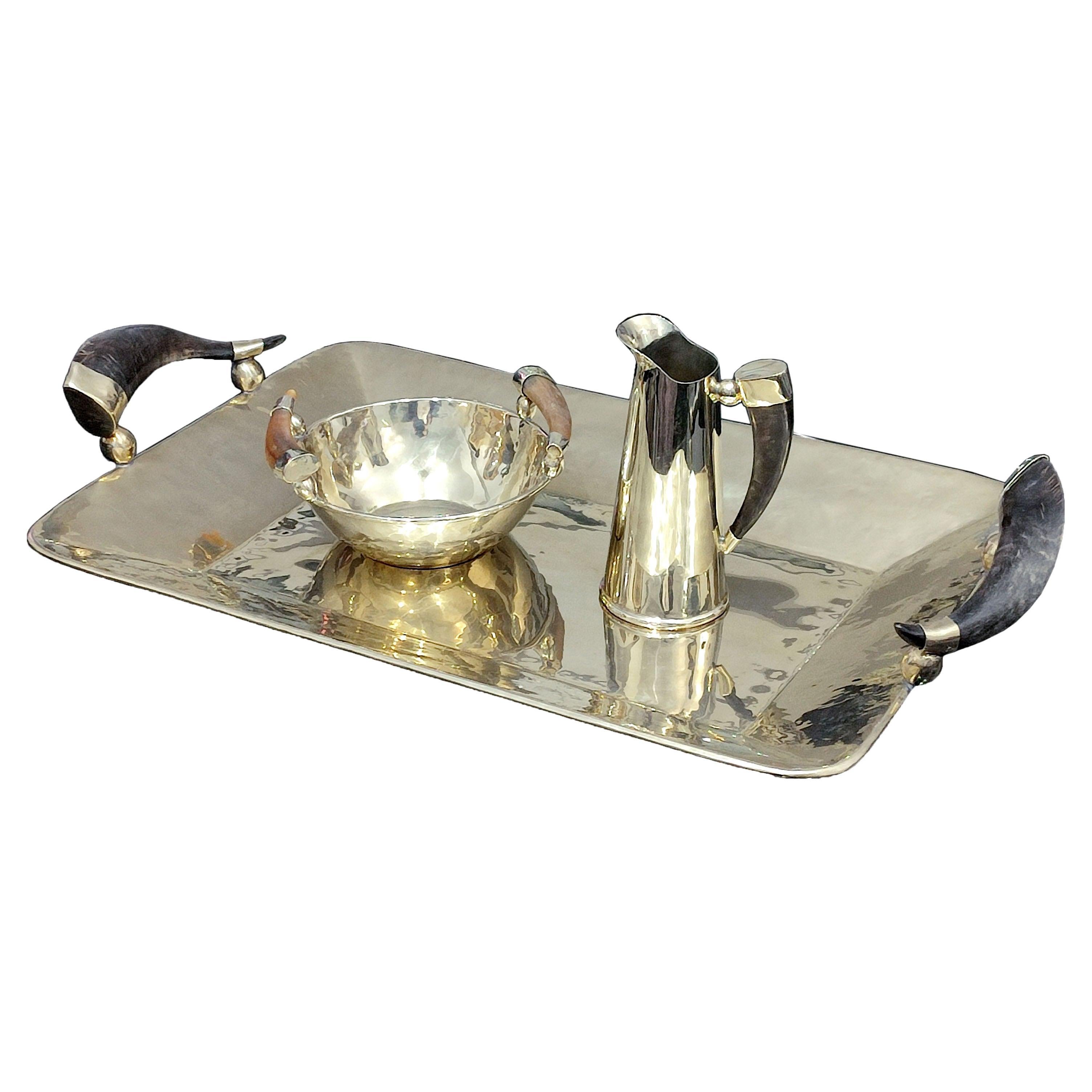 JuJuy Rectangular Tray, Bowl & Pitcher Alpaca Silver & Horn Handles, Set of 3 For Sale