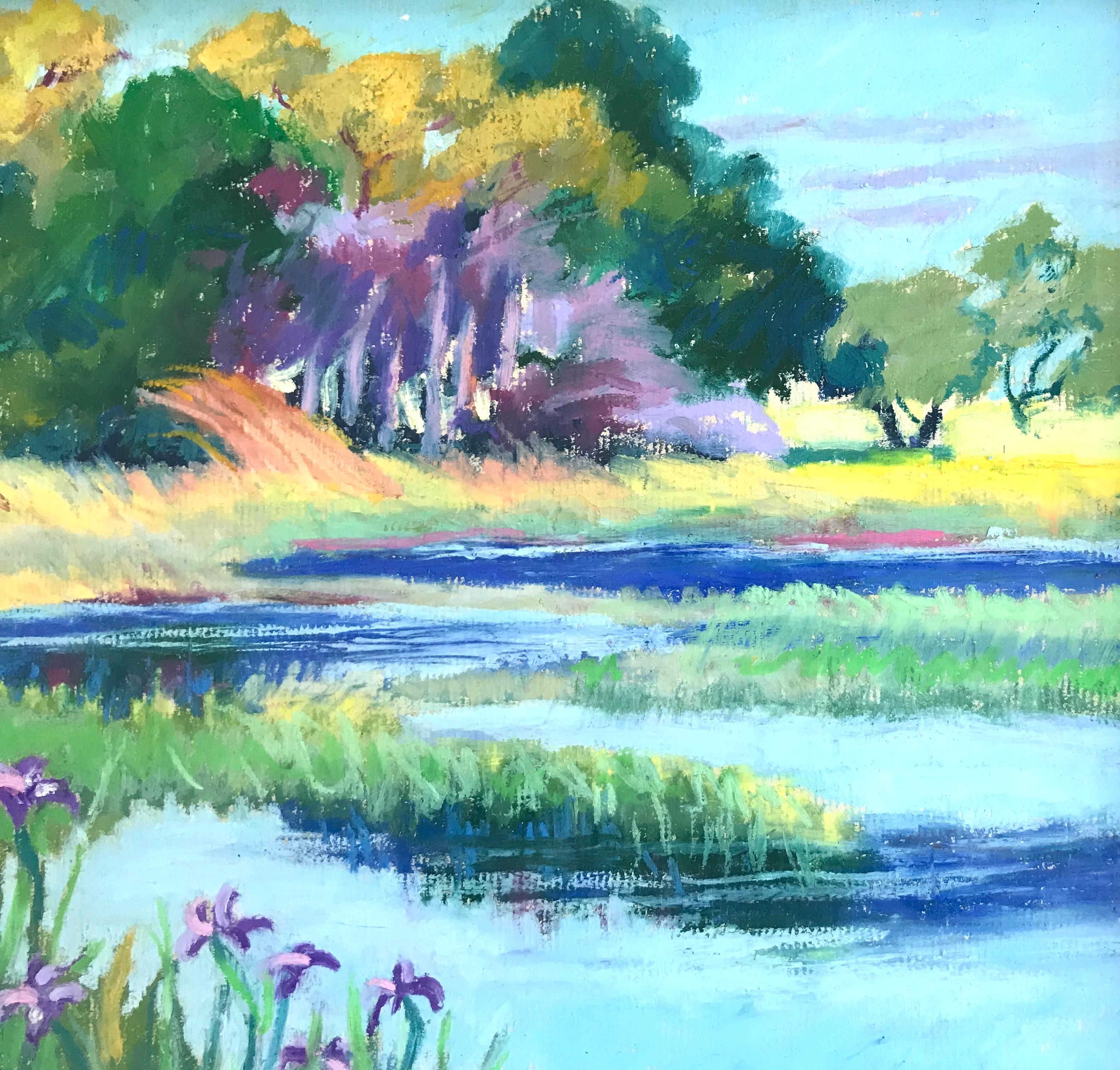 Very colorful and vibrant well executed mixed media composition of oil pastel and gouache on artist board by the American artist, Julee Docking.  Signed lower right. Titled verso. Location is Myakka State Park in Sarasota, Florida.  Circa 1975.  In