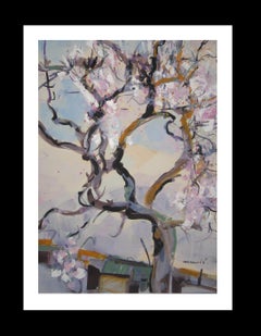 Vintage  J. Meunie  Tree  Almond Blossom  Vertical original acrylic painting
