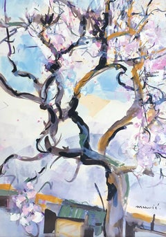J. Meunie 10.19.2 Albero Mandorlo in fiore verticale Pittura acrilica originale