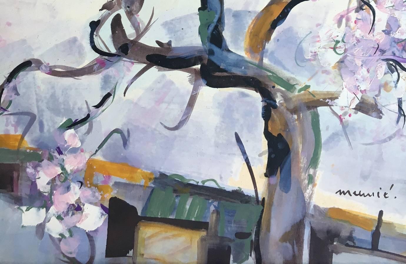 J. Meunie 6 Árbol  Flor de almendro  Pintura acrílica original vertical - Landscape Painting Marrón de Julen Meunie
