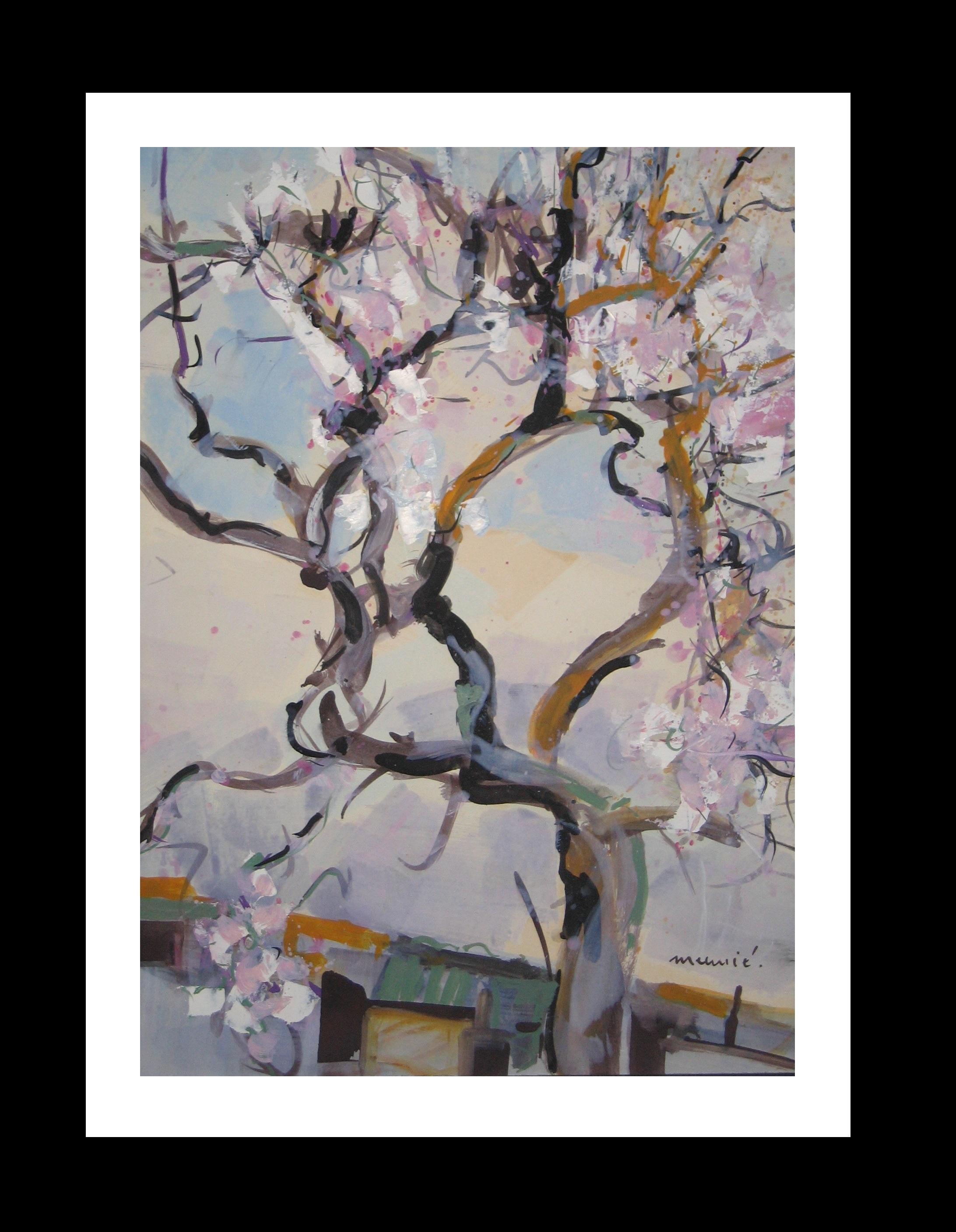 J. Meunie  Árbol  Flor de almendro  Pintura acrílica original vertical