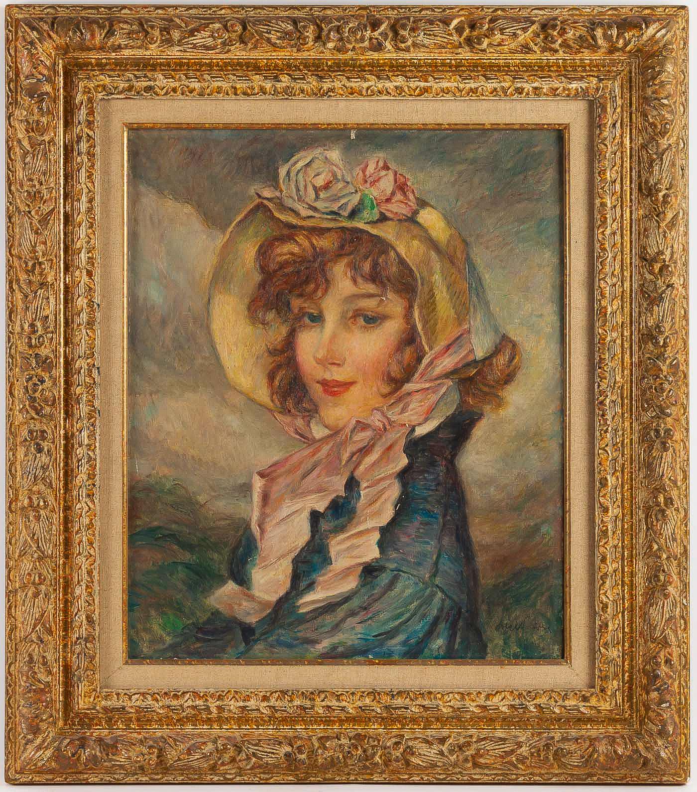 Jules Abel Faivre, oil on canvas « La Belle Rousse aux Yeux Bleus, circa 1895-1910.

Beautiful oil on canvas « La Belle Rousse aux Yeux Bleus » depicting a beautiful young redheaded woman with blue eyes wearing a hat, a lot of quality in this