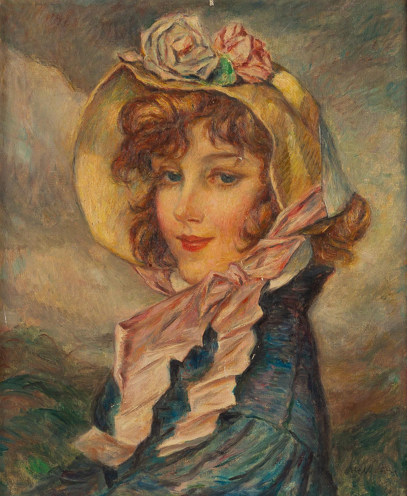 French Jules Abel Faivre, Oil on Canvas La Belle Rousse aux Yeux Bleus, circa 1900