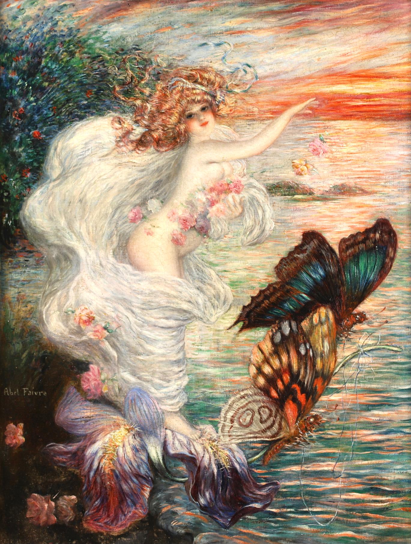 Nymphs with Butterflies - Impressionist Nude in Landscape Oil by Abel Faivre - Painting by Jules-Abel Faivre