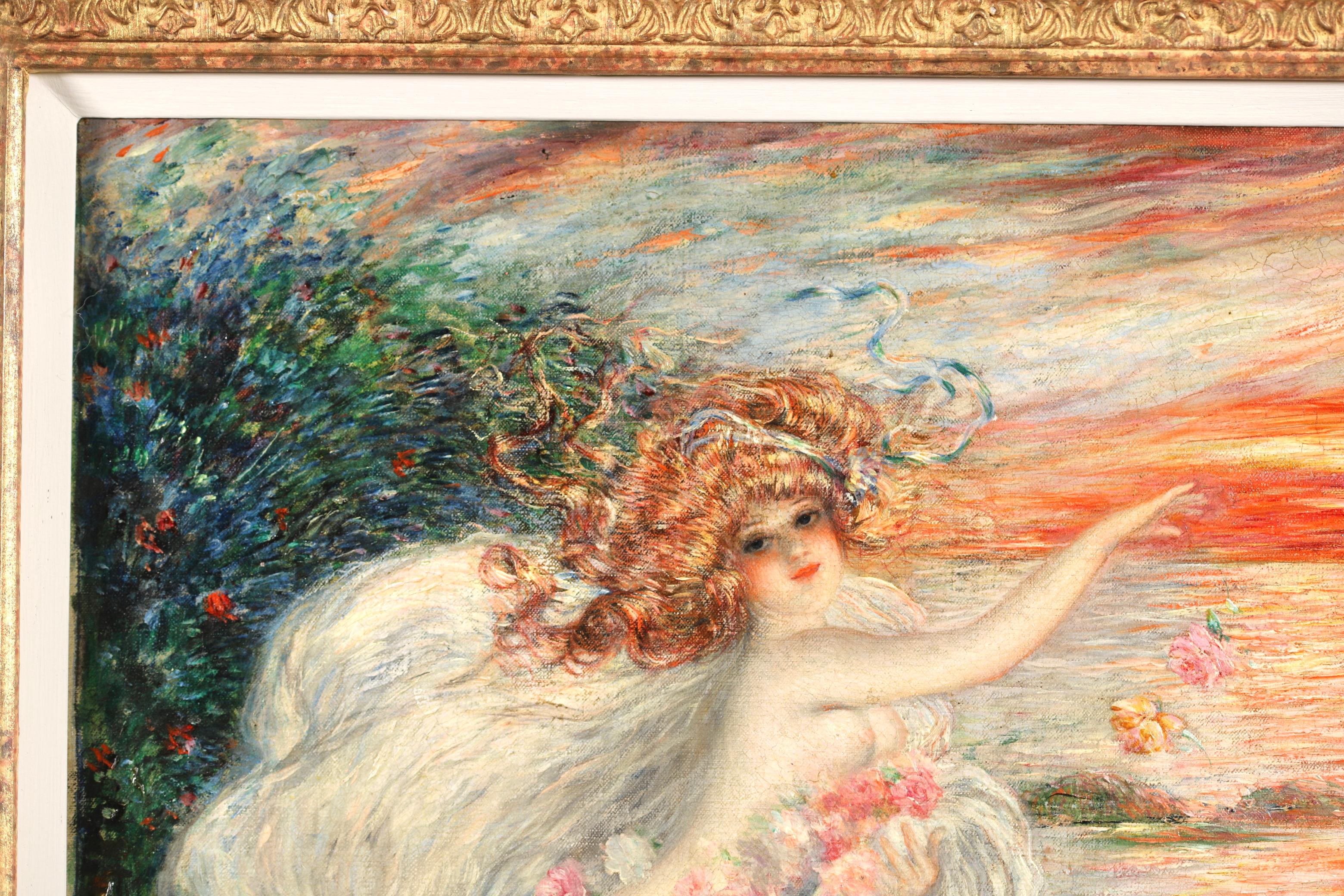 Signed impressionist figure in landscape oil on canvas circa 1895 by French painter, illustrator and cartoonist Abel Faivre. The work depicts a water nymph with flowing red hair throwing flowers into a river. There are butterflies by her side. The