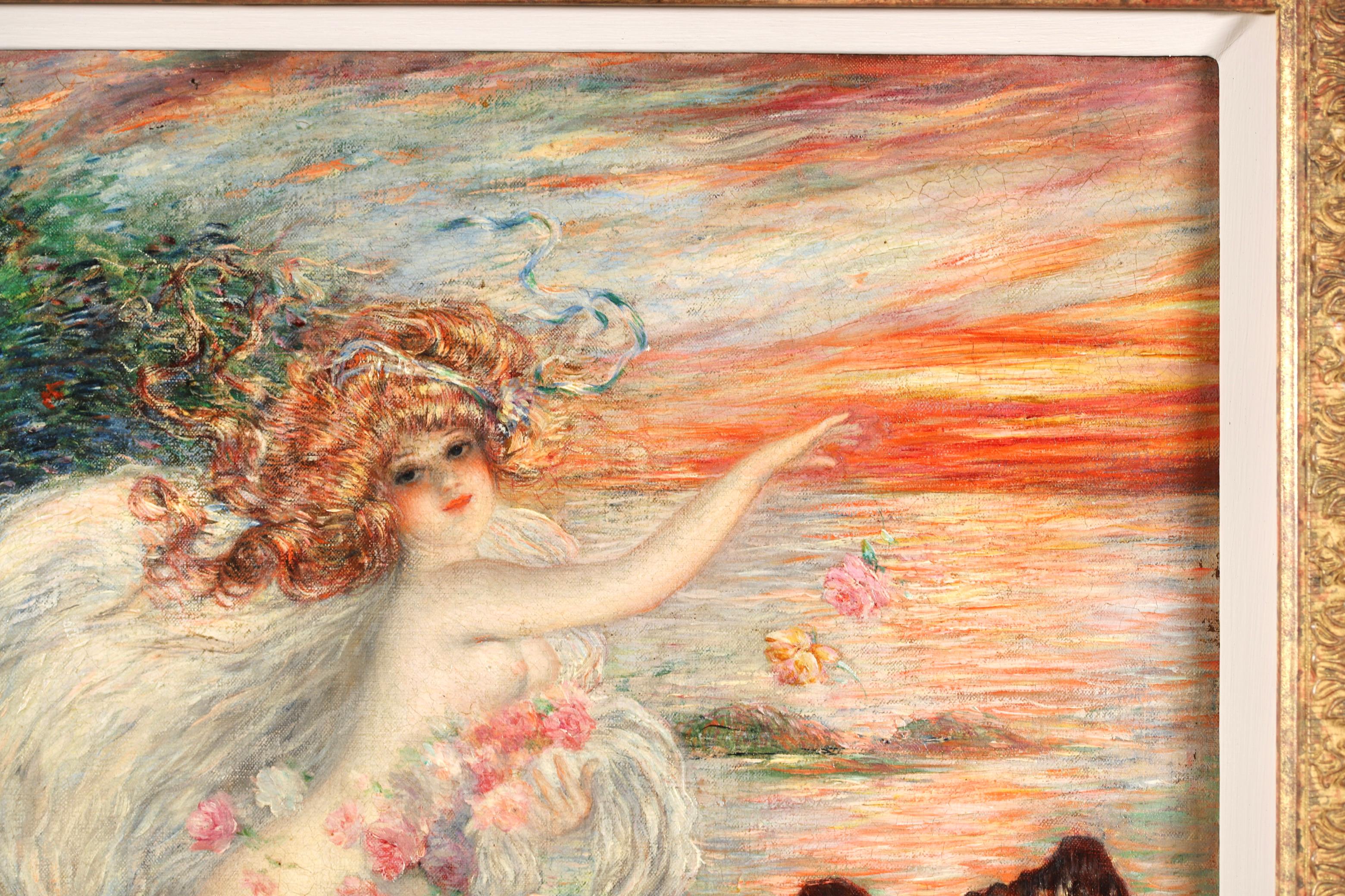 Signierte impressionistische Figur in Landschaft Öl auf Leinwand um 1895 von französischem Maler, Illustrator und Karikaturist Abel Faivre. Das Werk zeigt eine Wassernymphe mit wallendem roten Haar, die Blumen in einen Fluss wirft. An ihrer Seite