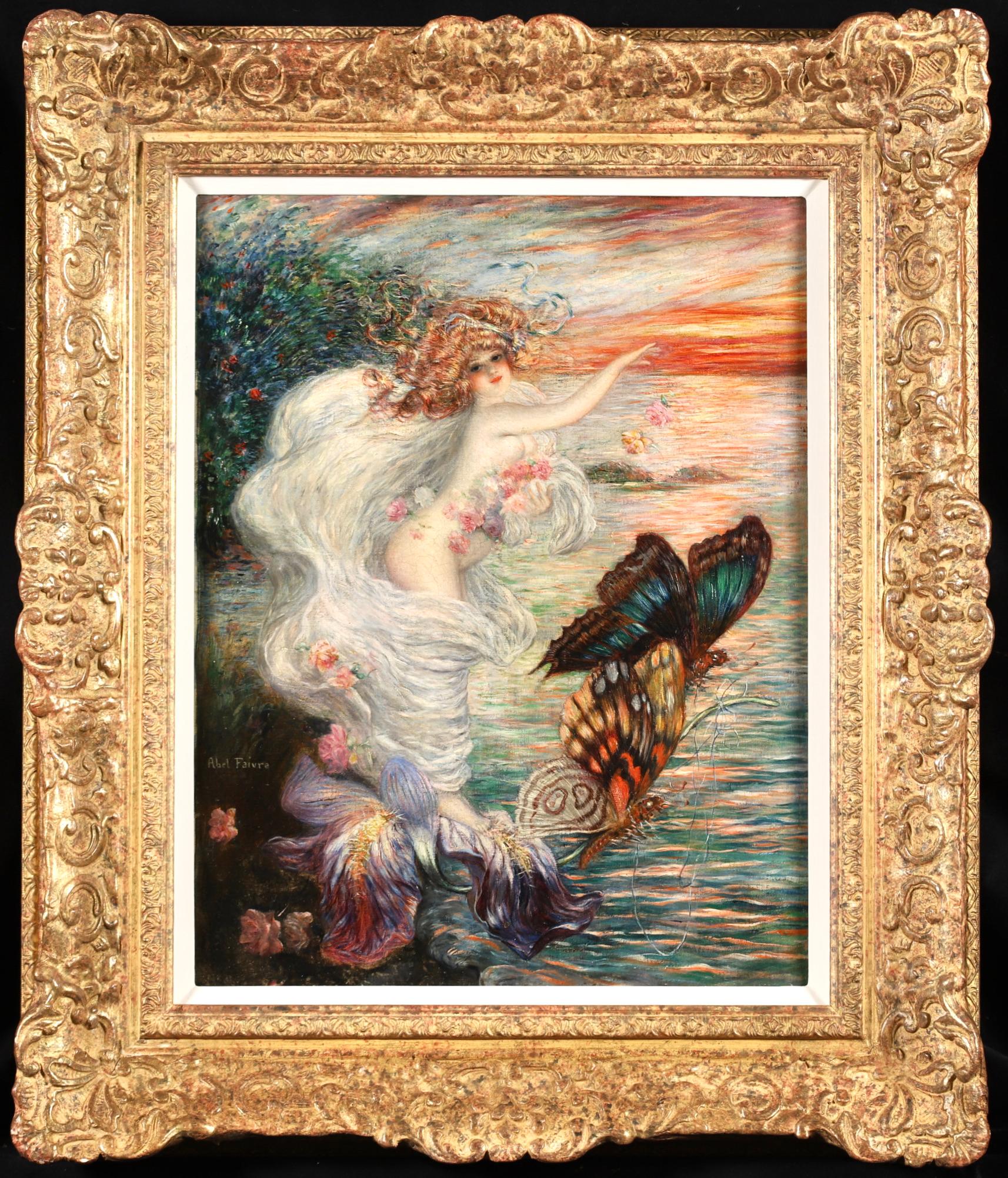 Jules-Abel Faivre Animal Painting – Nymphen mit Schmetterlingen – Impressionistischer Akt in Landschaft, Öl von Abel Faivre