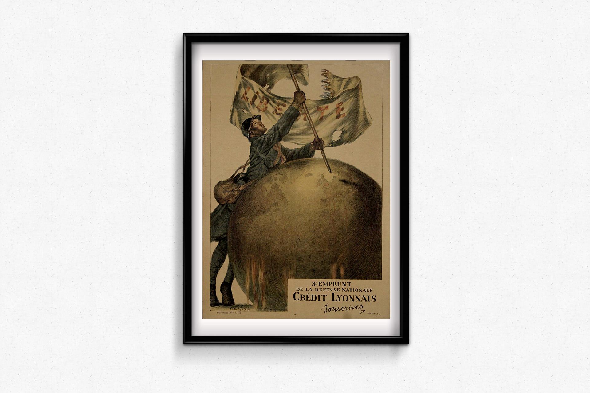 The 1917 original poster by Abel Faivre, titled “3e Emprunt de la Défense Nationale – Crédit Lyonnais – Liberté”, is a striking example of World War I propaganda, blending art with patriotism to rally public support for the French war effort.