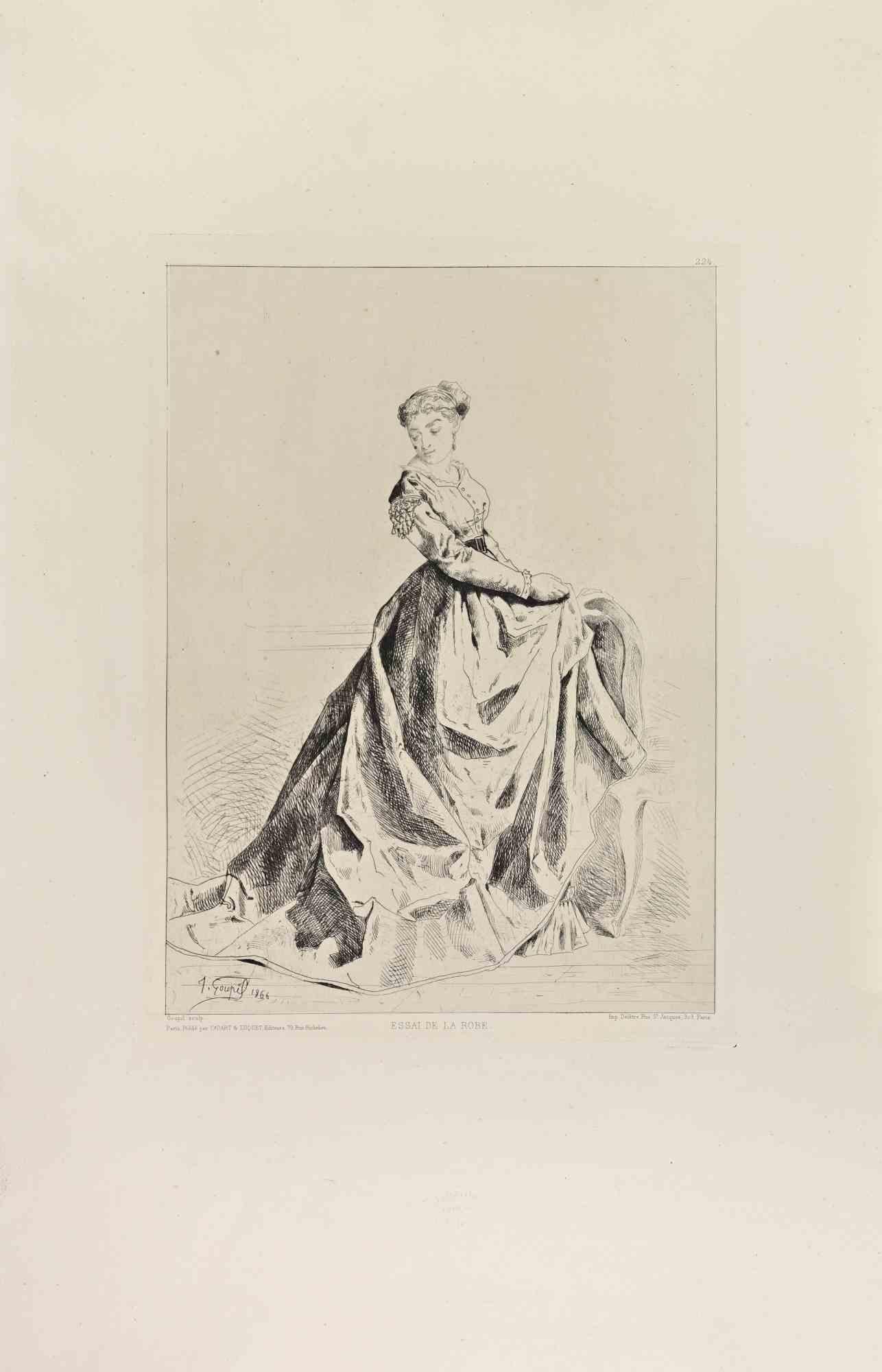 Essai de la Robe is a black and White etching realized by Jules Adolphe Goupil in the 1860s. 

Titled in the lower.

Image size: 31x23.

Very good impression with wide margins and a very fresh inking.

Realized for the "Société des Aquafortistes.