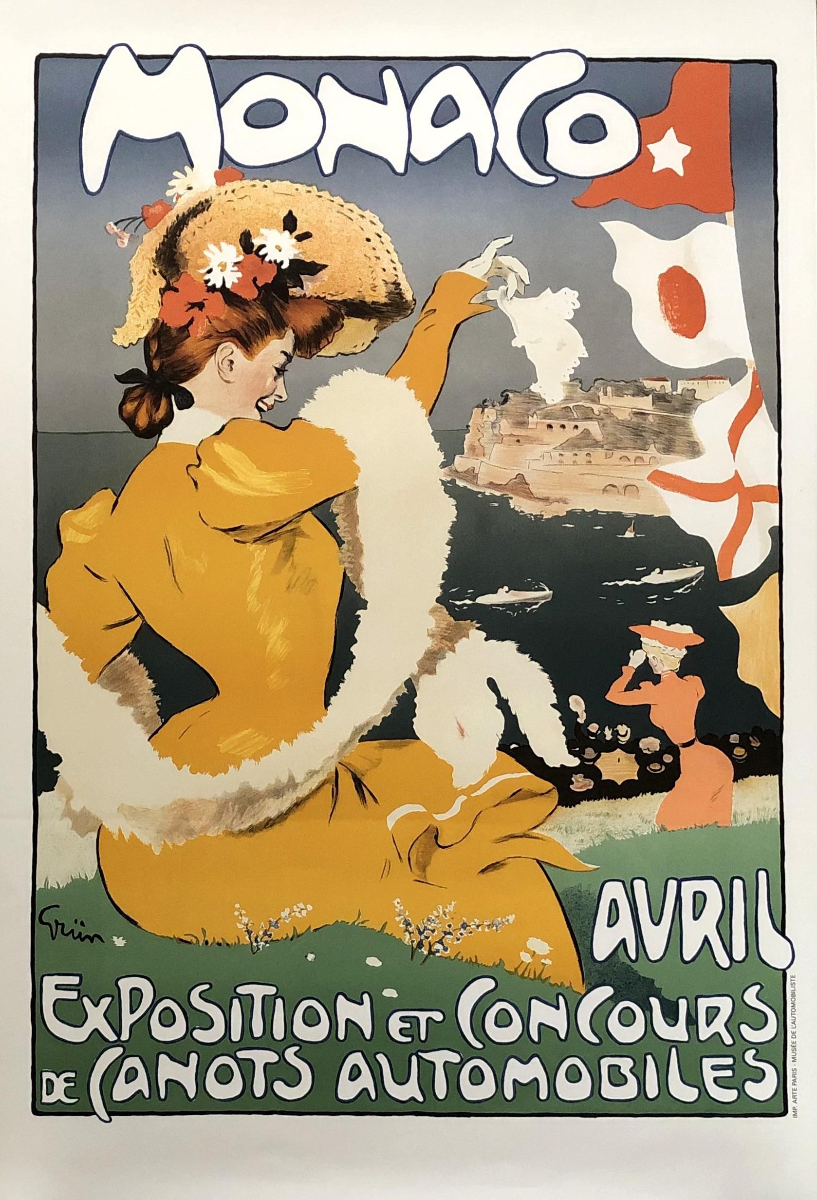 Jules-Alexandre Grün Landscape Print - Monaco Exposition And Concours Automobiles - Lithographic Poster Signed