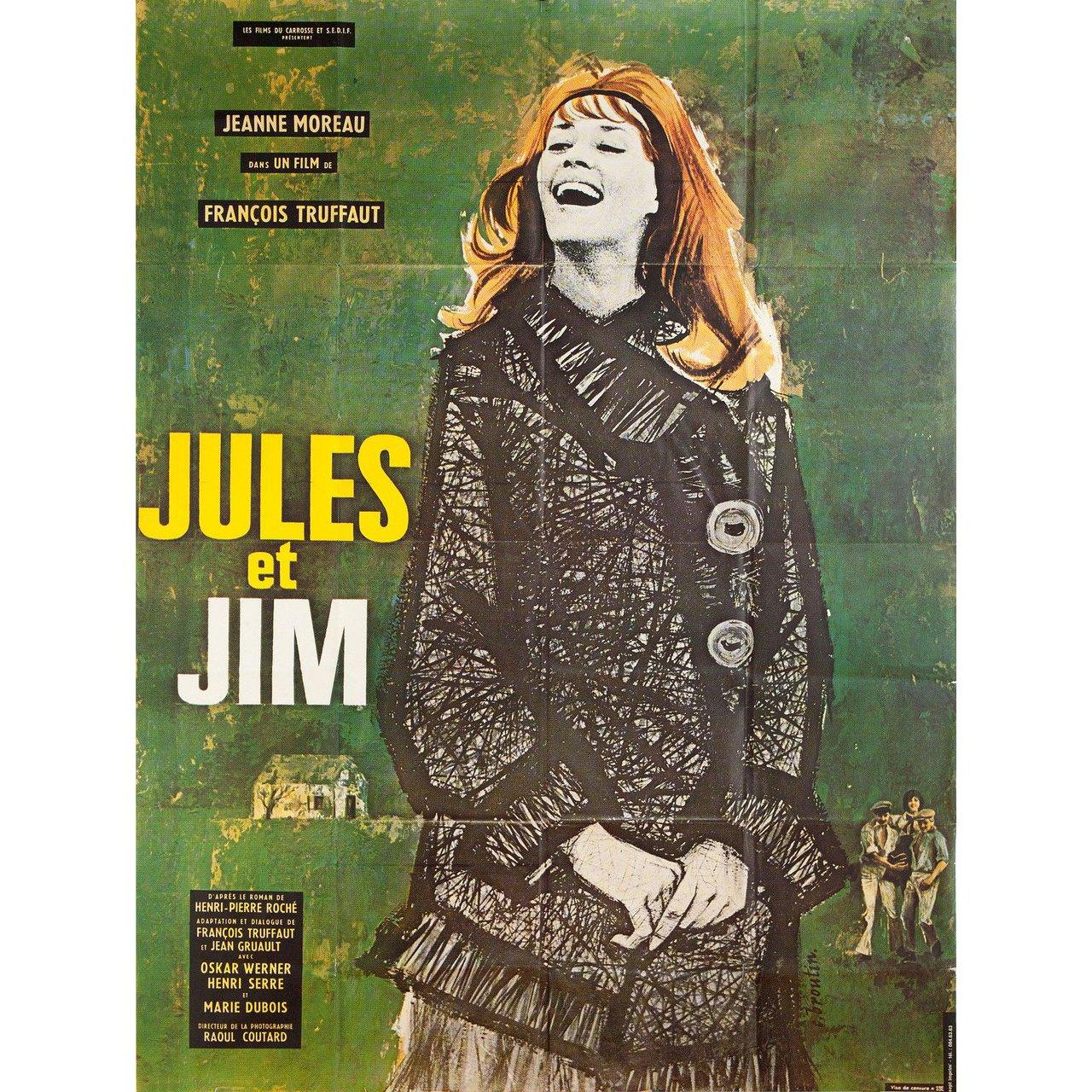 Original 1970s re-release French grande poster by Christian Broutin for the 1962 film “Jules and Jim” (Jules et Jim) directed by Francois Truffaut with Jeanne Moreau / Oskar Werner / Henri Serre / Vanna Urbino. Very good condition, folded. Many