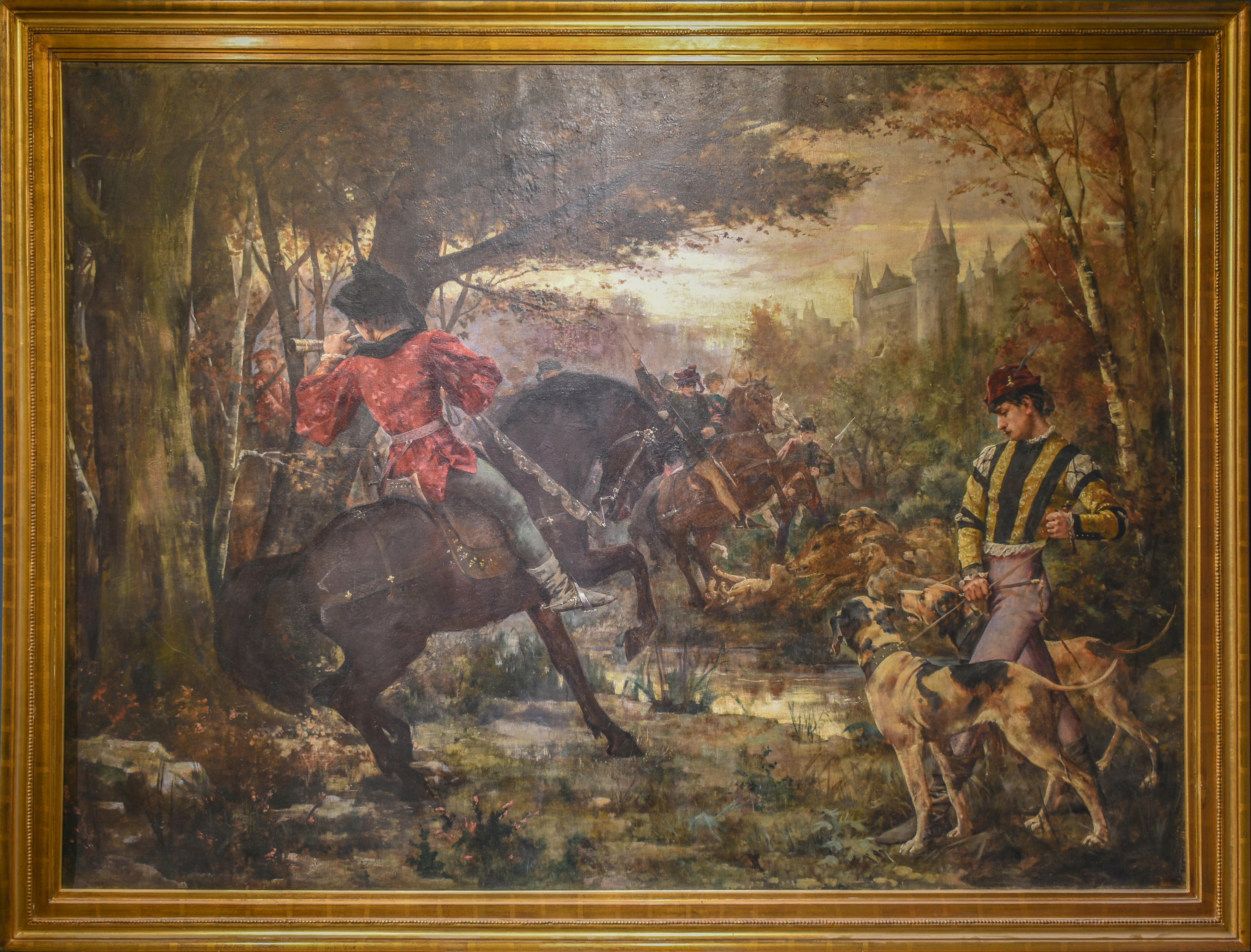 Jules-Arsene Garnier Figurative Painting - Monumental 19th-Century French Hunting Scene with Mounted Hunters and Dogs