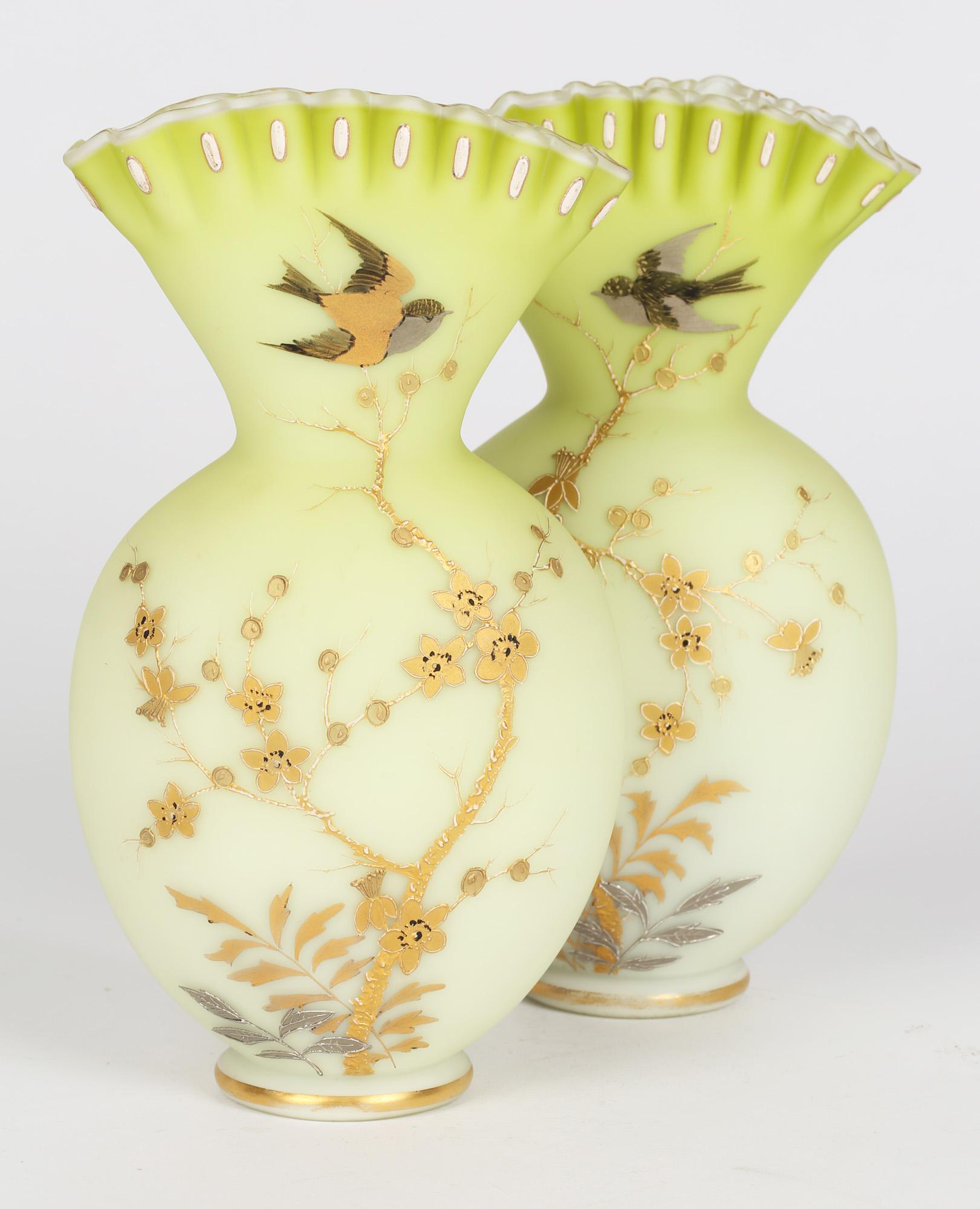 Jules Barbe for Thomas Webb Pair Satin Green Glass Vases with Birds 1
