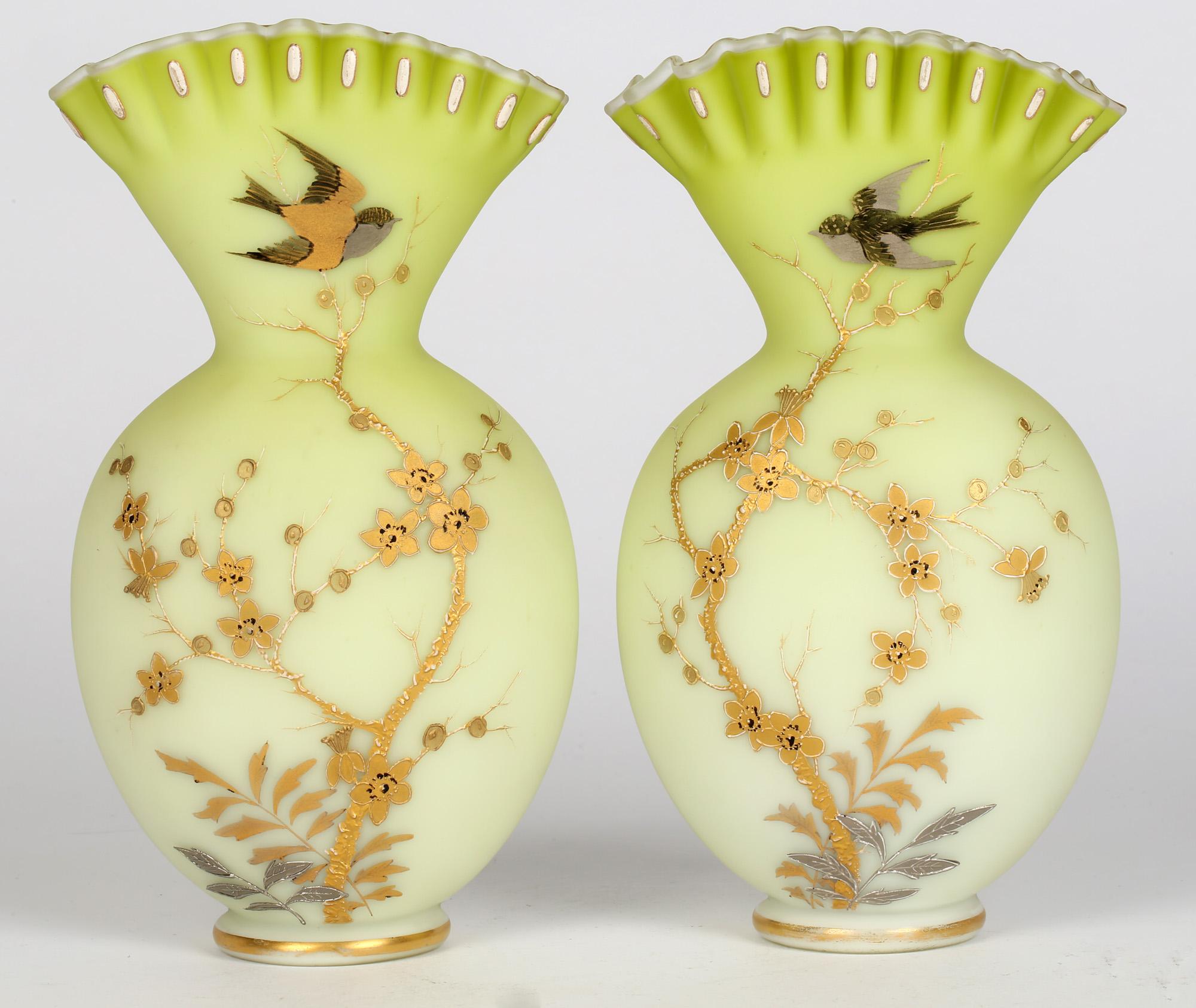 Jules Barbe for Thomas Webb Pair Satin Green Glass Vases with Birds 3