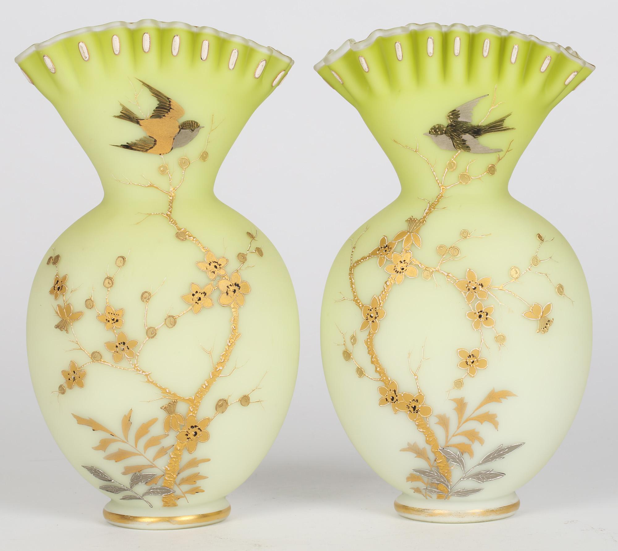 Jules Barbe for Thomas Webb Pair Satin Green Glass Vases with Birds 7