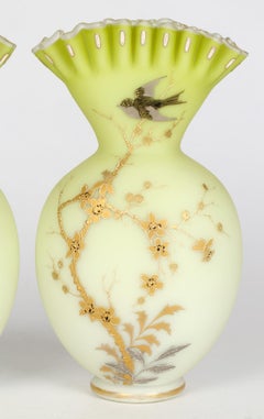 Jules Barbe for Thomas Webb Pair Satin Green Glass Vases with Birds