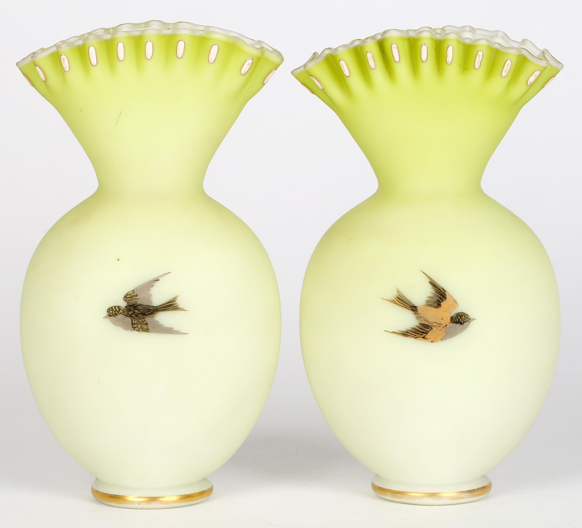 High Victorian Jules Barbe for Thomas Webb Pair Satin Green Glass Vases with Birds