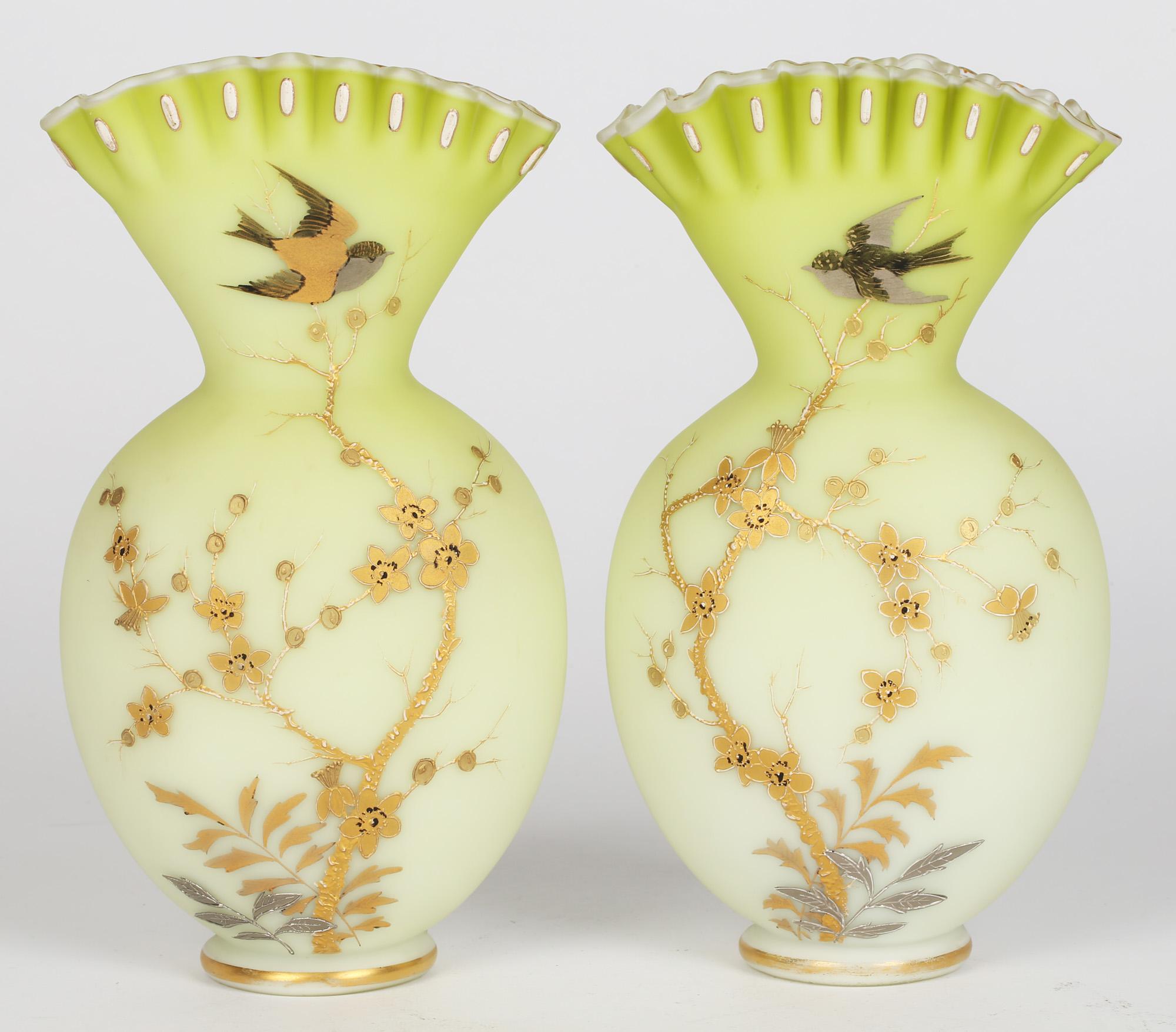 19th Century Jules Barbe for Thomas Webb Pair Satin Green Glass Vases with Birds