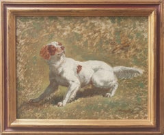 GELIBERT Quadro animale francese Ritratto di cane Bretagna caccia 19° Olio su tavola