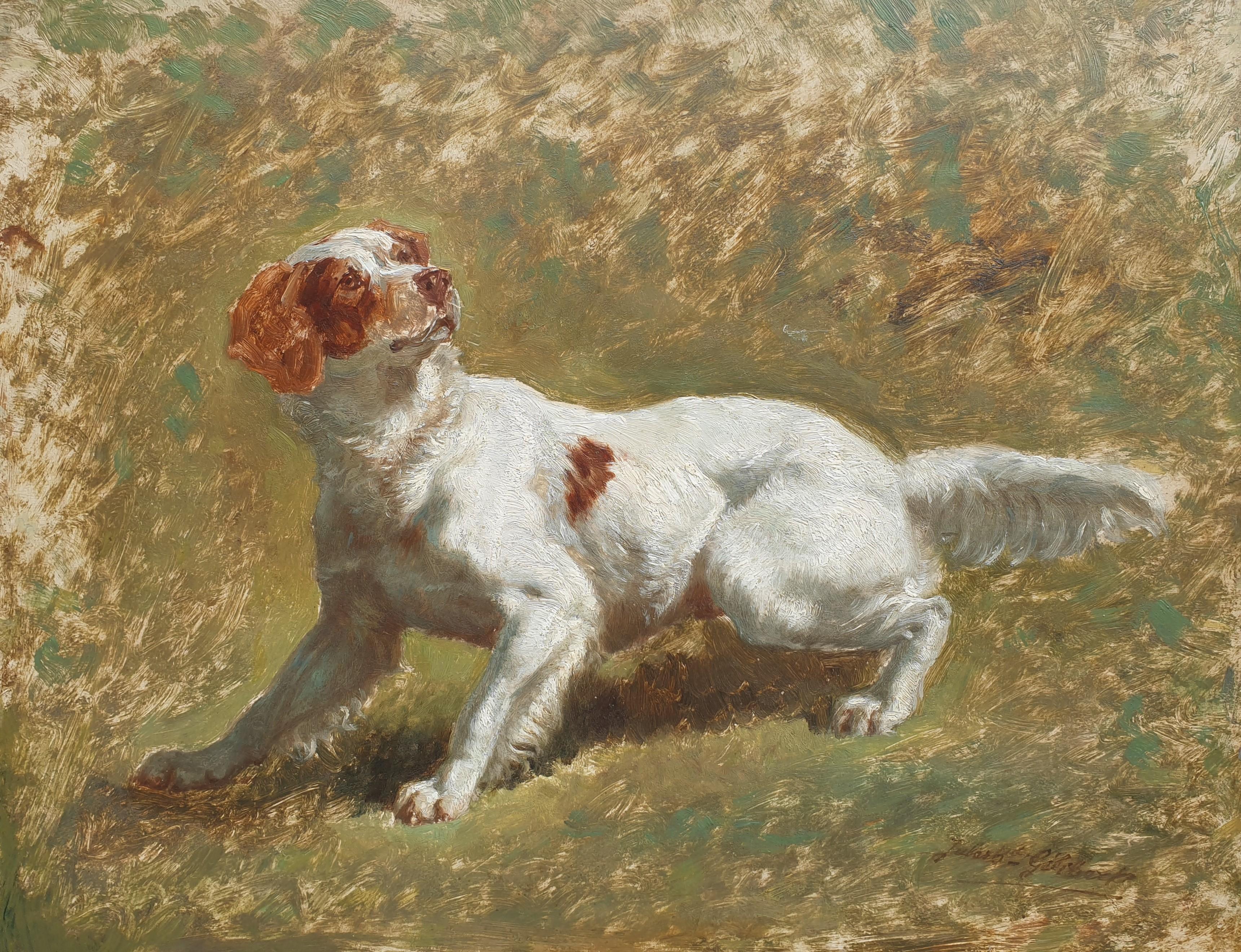GELIBERT French animal painting Dog Portrait Brittany hunting 19th Oil on panel  - French School Painting by Jules-Bertrand GELIBERT