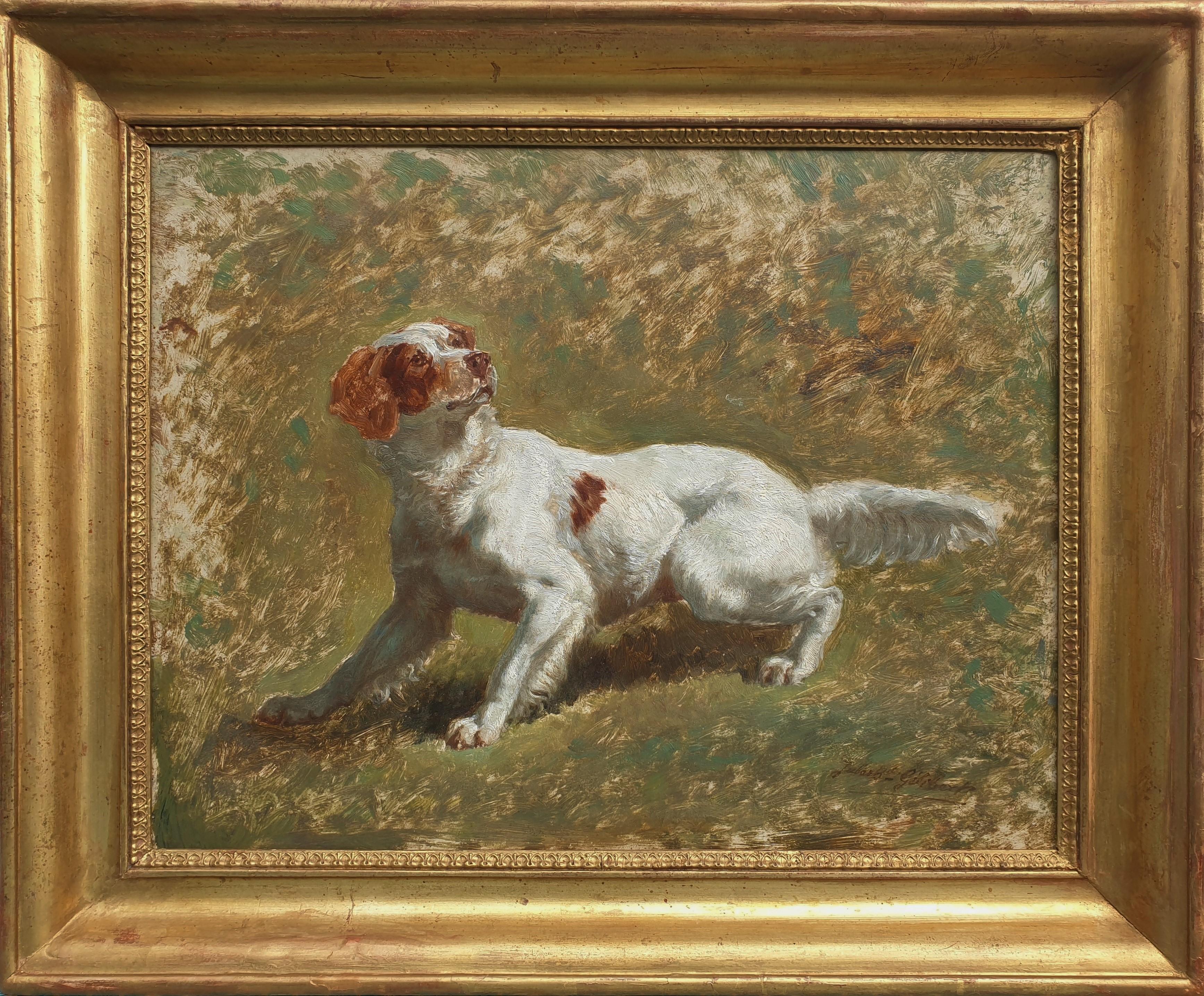 Jules-Bertrand GELIBERT Animal Painting - GELIBERT French animal painting Dog Portrait Brittany hunting 19th Oil on panel 