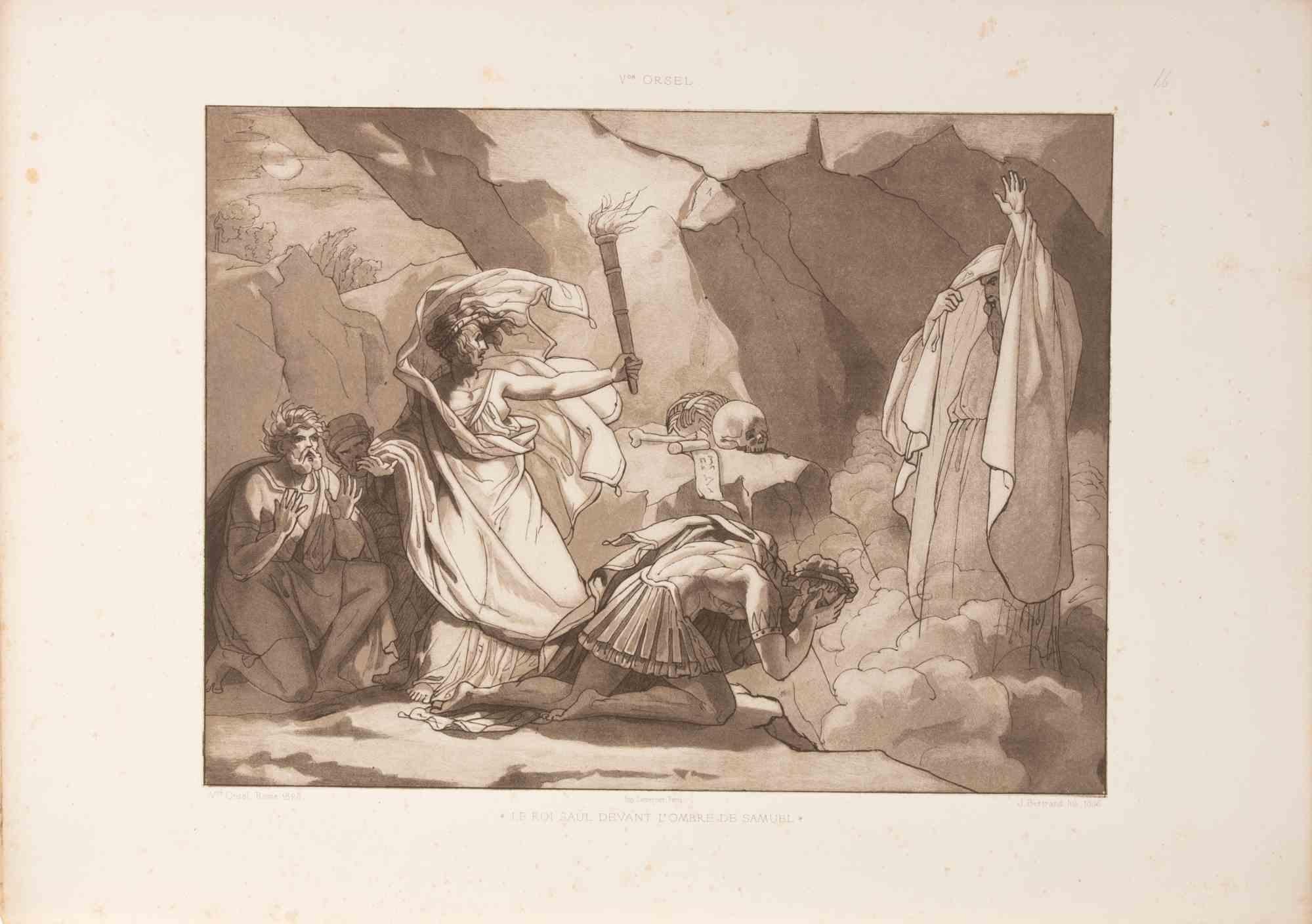 Jules Bertrand Gélibert  Figurative Print - King Saul Before the Shade of Samuel - Lithograph by Jules Bertrand - 1855