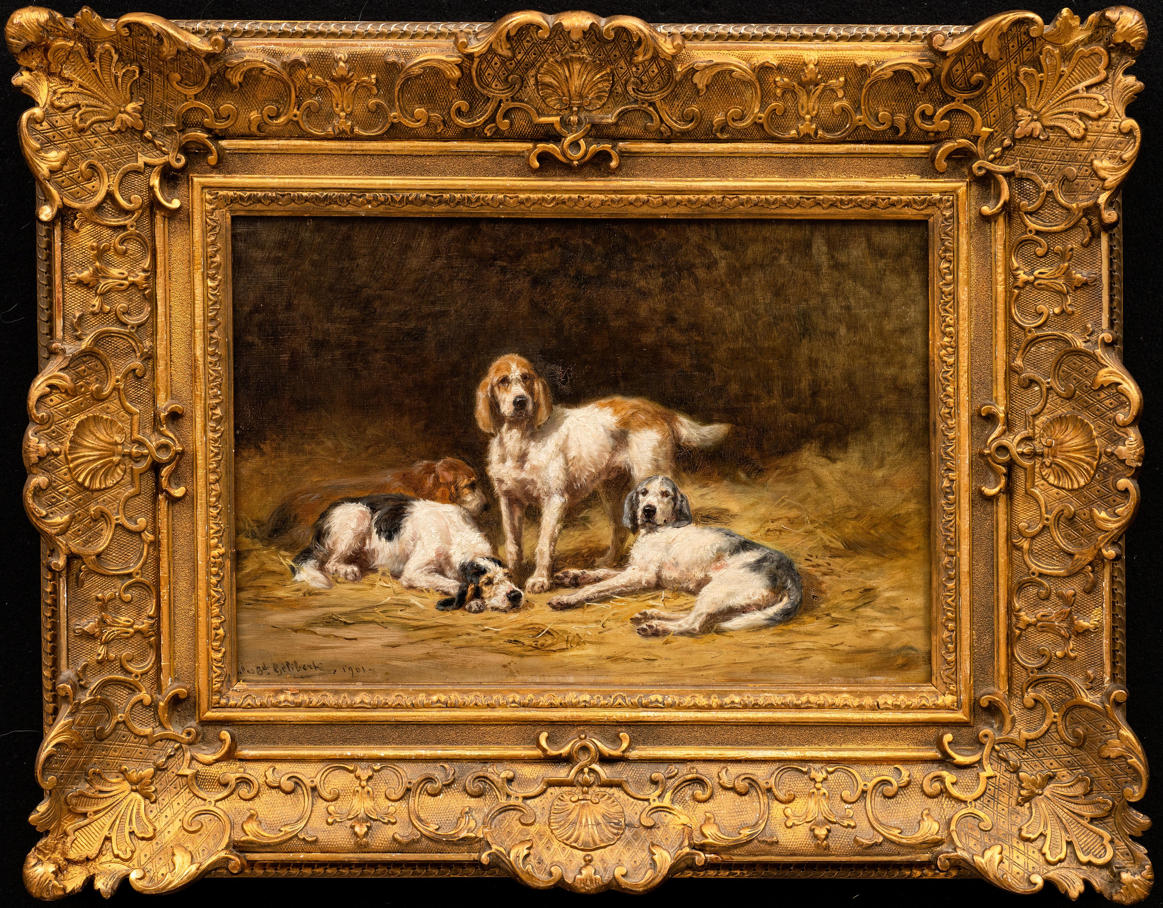 Peinture ancienne sur les chiens : "Chiens de chasse au chenil, 1901" Jules-Bertrand Gélibert