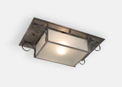 Jules Bouy, Flush Mount Steel & Glass Ceiling Light, France, Early 20th Century