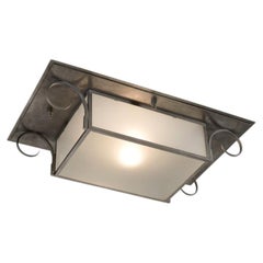 Jules Bouy, Flush Mount Steel & Glass Ceiling Light, France, Early 20th Century