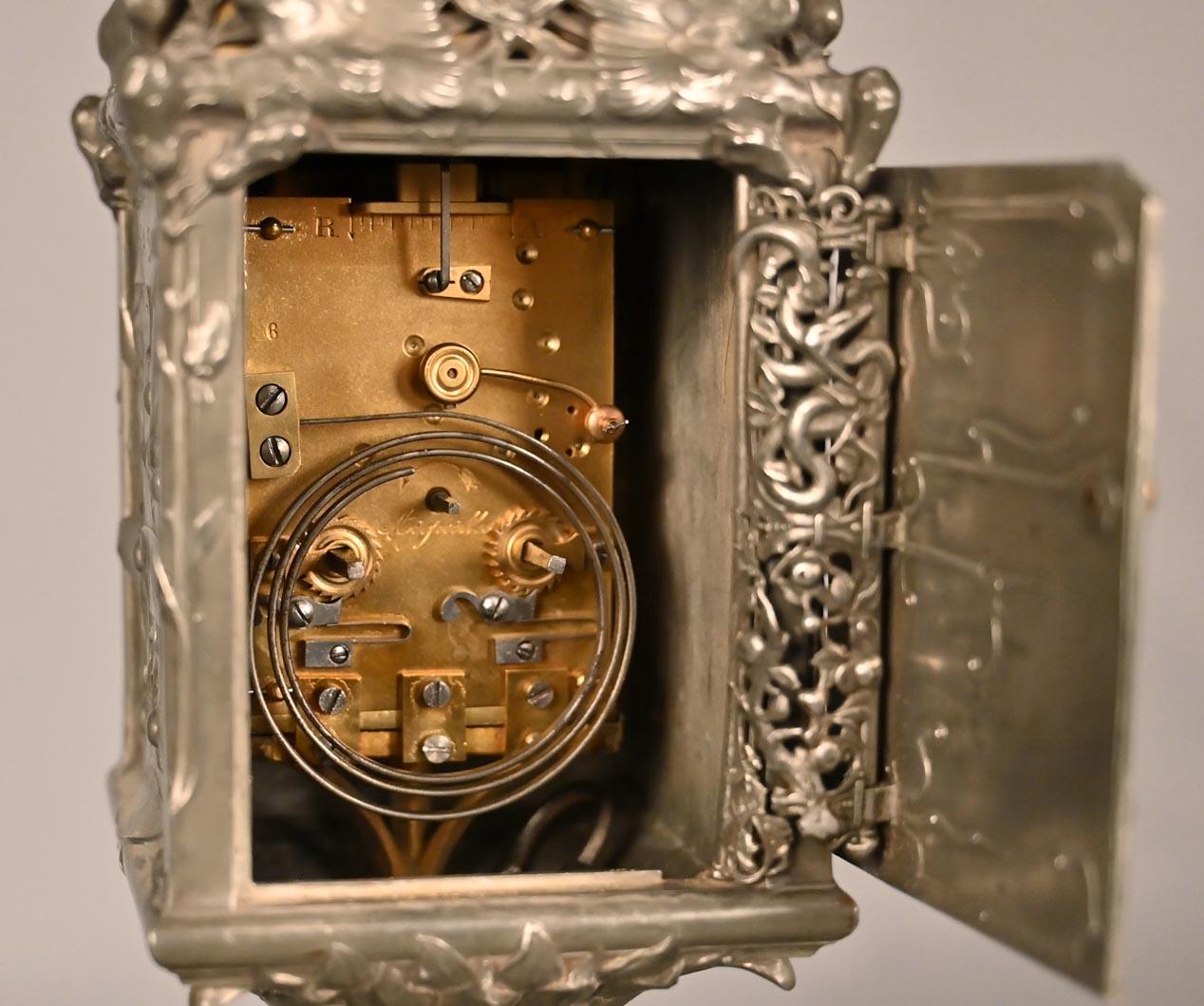 Pewter Jules BRATEAU, Four-Sided Clock On A High Base, 1900 For Sale