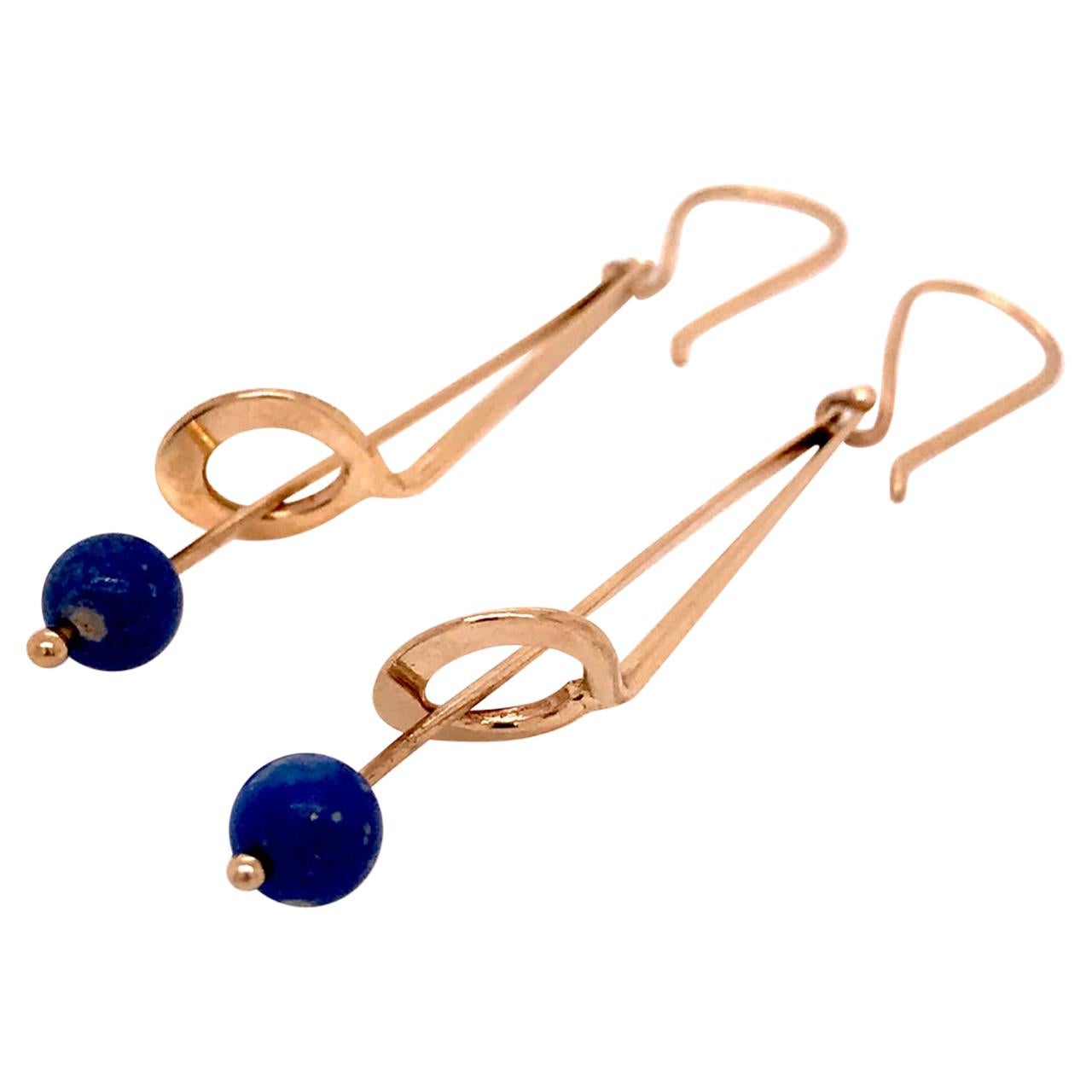 Jules Brenner Mid-Century Modernist 14 Karat Gold & Lapis Lazuli Dangle Earrings