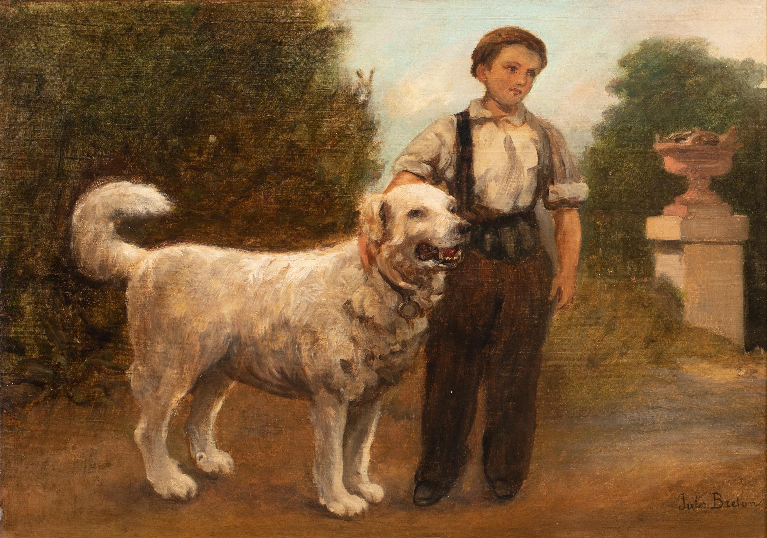 Garçon et son chien, 19ème siècle

de Jules BRETON (1827-1906) vendu à 1 500 000 $.

Grand portrait champêtre français du 19ème siècle d'un garçon et son chien, huile sur toile de Jules Breton. Grand portrait du XIXe siècle du garçon accompagné d'un