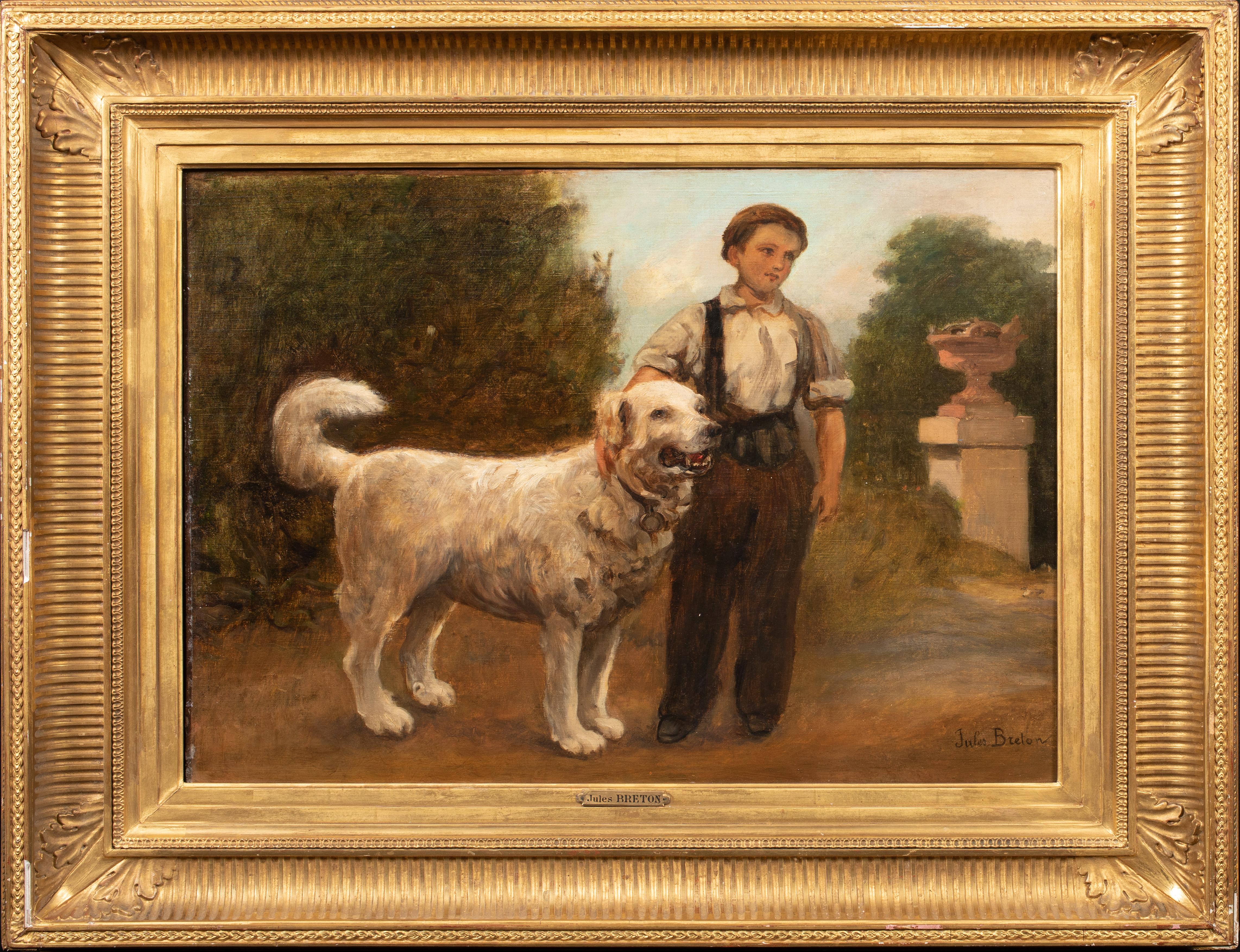 Jules Breton Portrait Painting - Boy & His Dog, 19th Century  by Jules BRETON (1827-1906) 