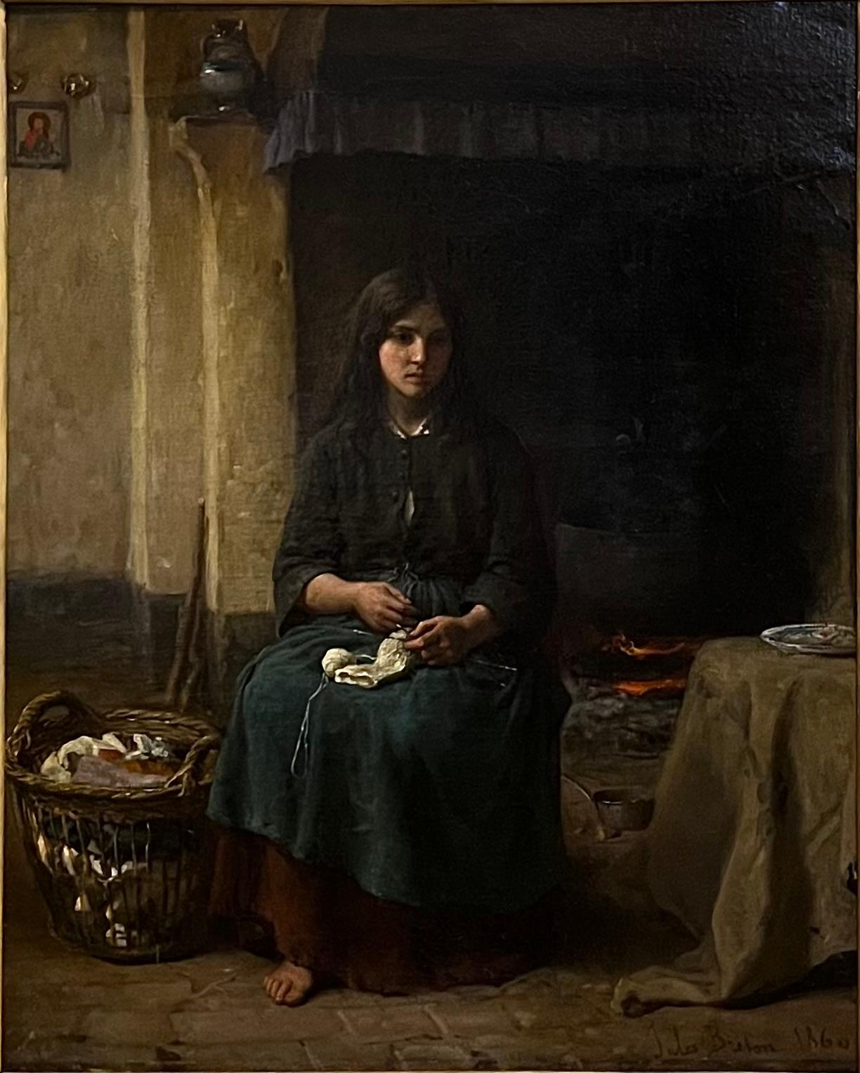 Jeune paysanne tricotant auprès de l'âtre - Painting de Jules Breton