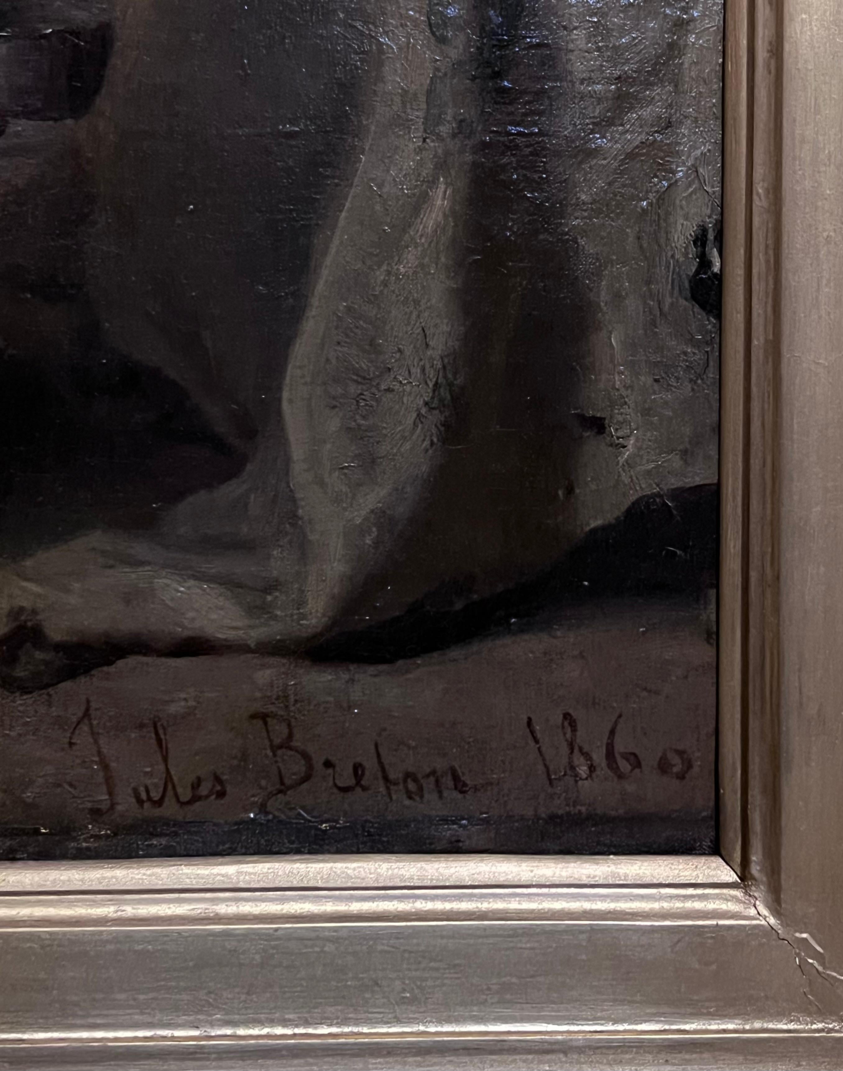 Jeune paysanne tricotant auprès de l’âtre - Black Portrait Painting by Jules Breton